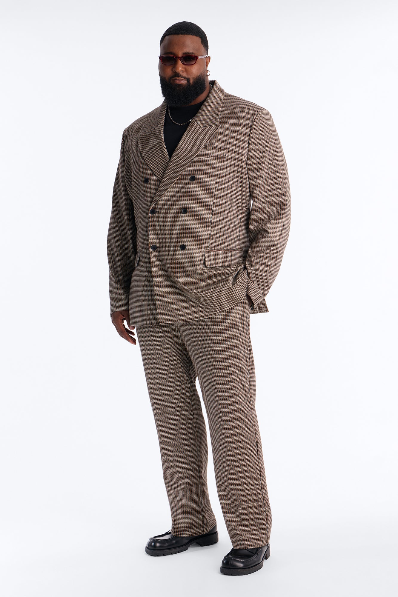 Executive Houndstooth Double Breasted Blazer - Brown