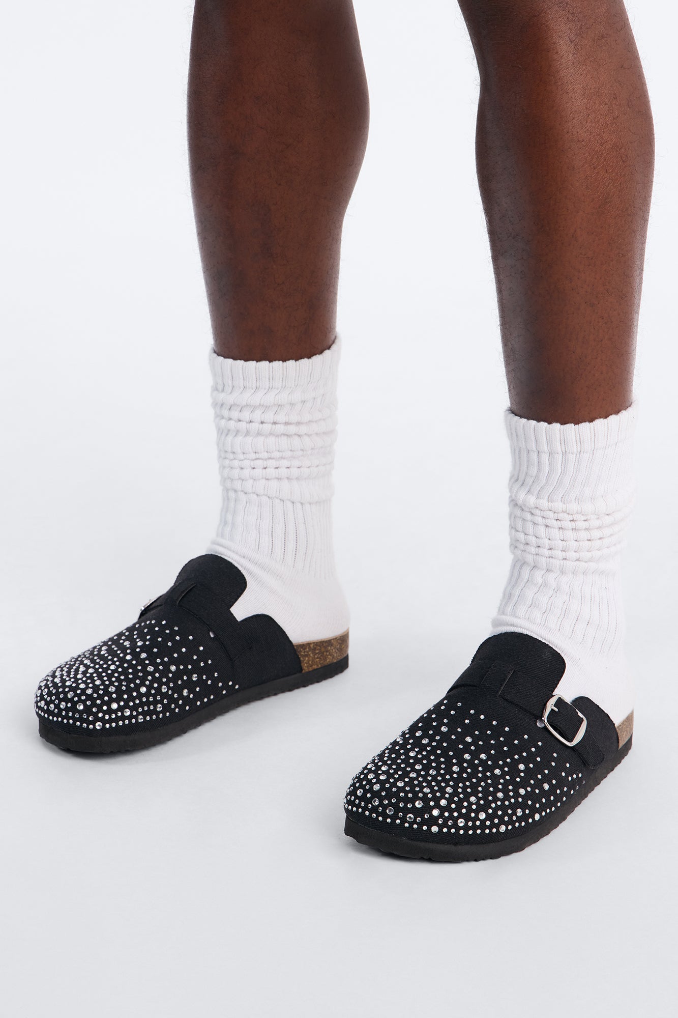 Studded Suede Buckle Detail Slip On Mule - Black
