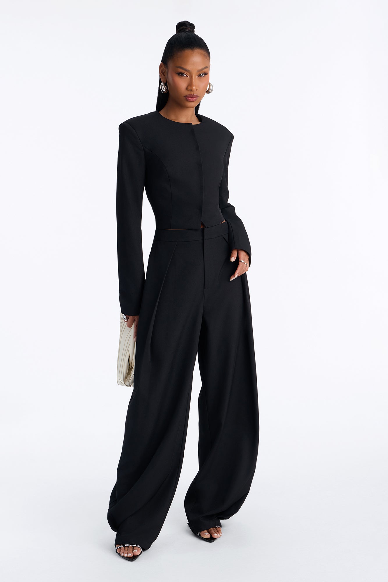 Josephine Collarless Button Front Cropped Blazer - Black