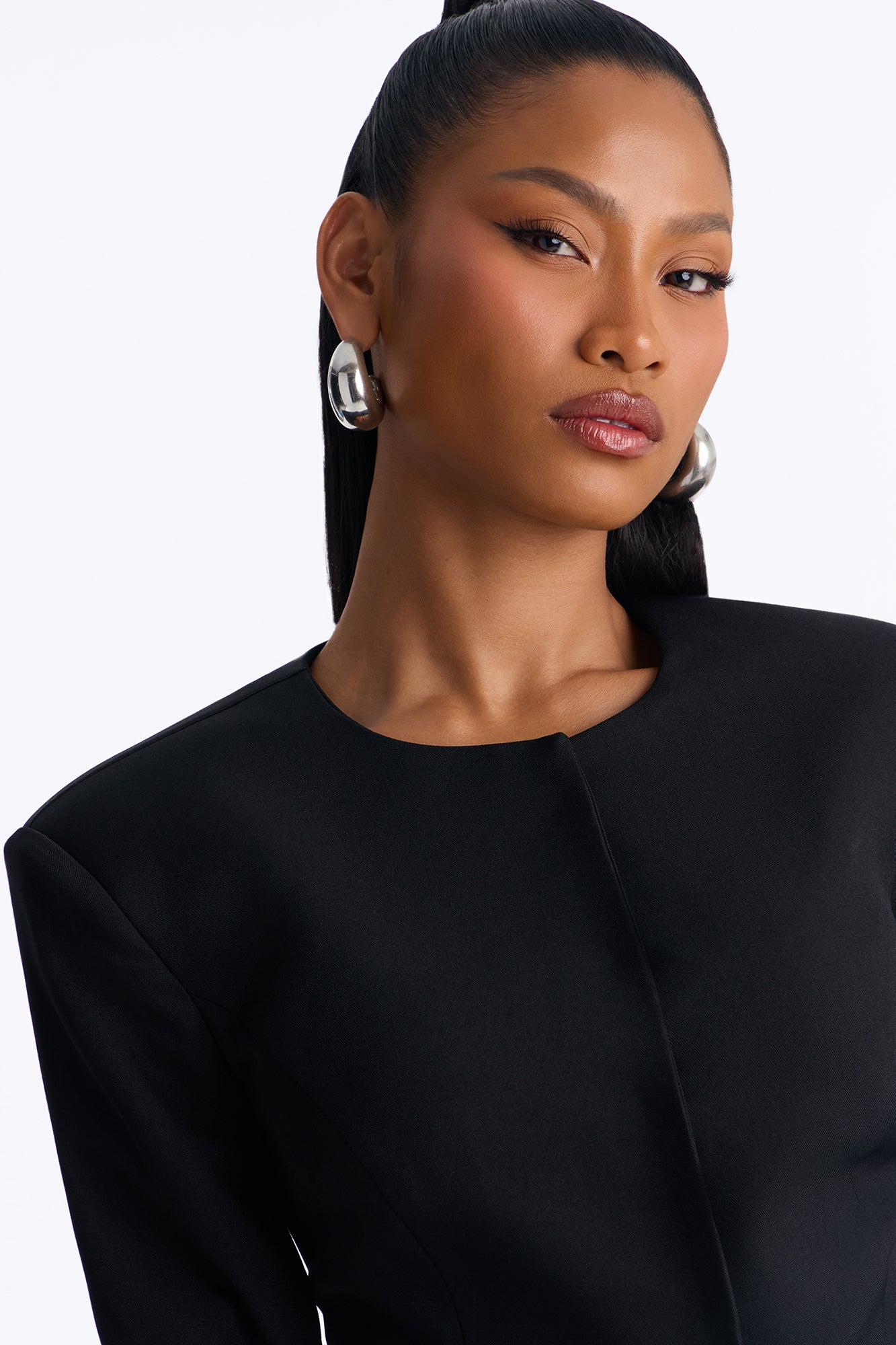 Josephine Collarless Button Front Cropped Blazer - Black