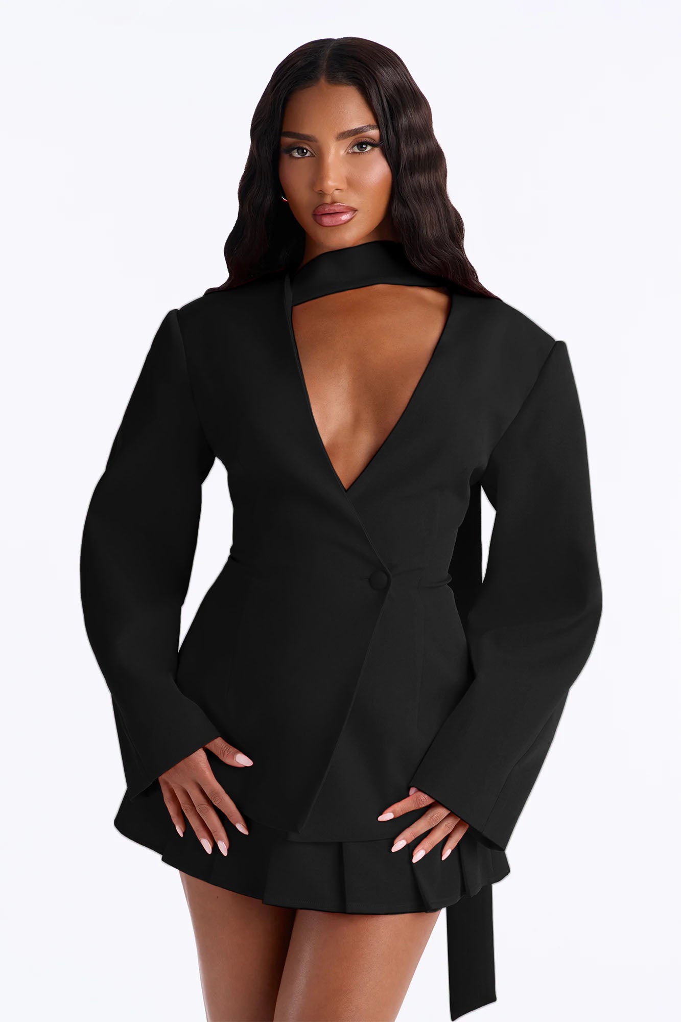 Adeline Long Sleeve Scarf Blazer - Black