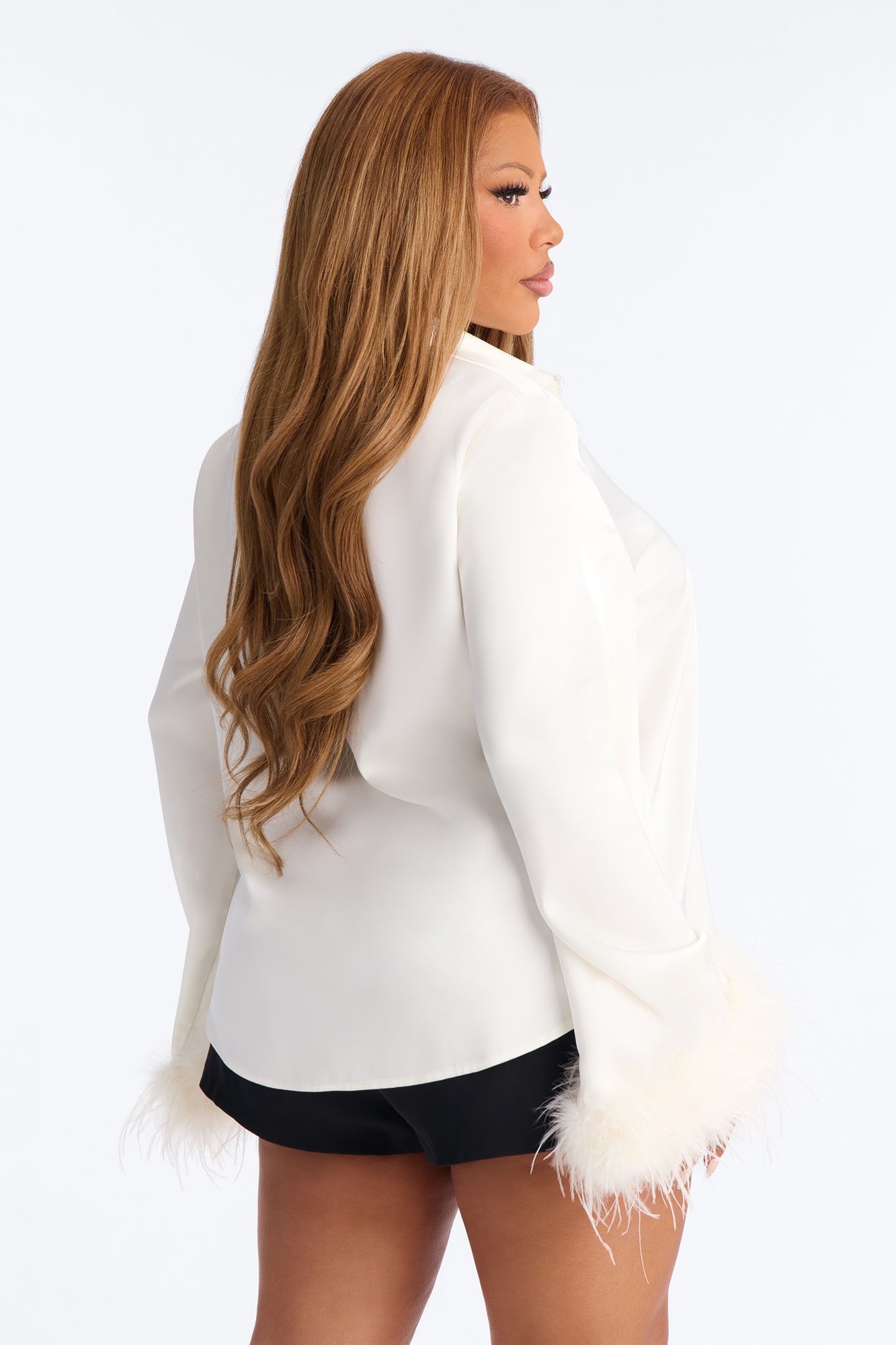 Affectionate Satin Feather Trim Blouse - Cream
