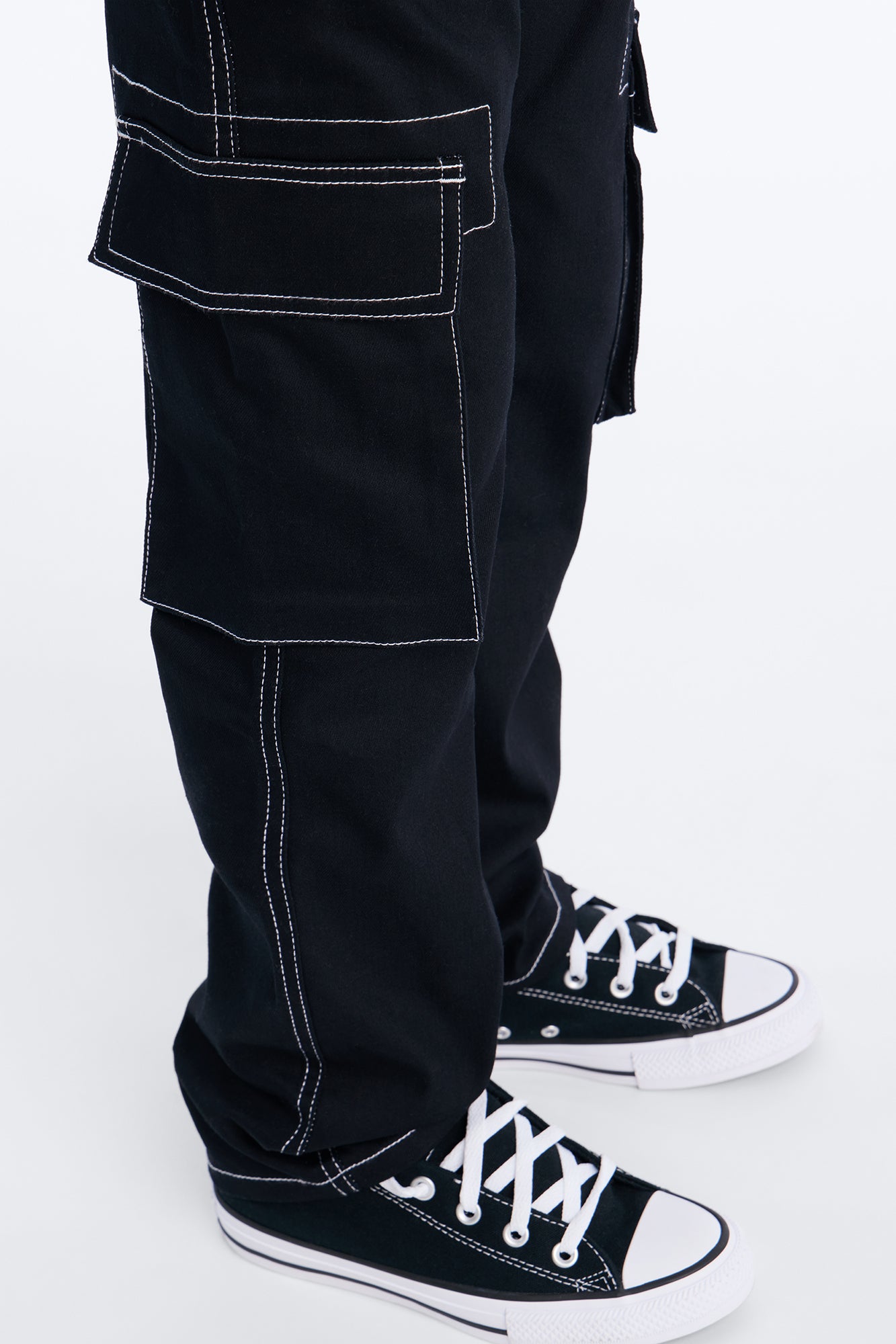 Mini Contrast Lining Carpenter Straight Jeans - Black