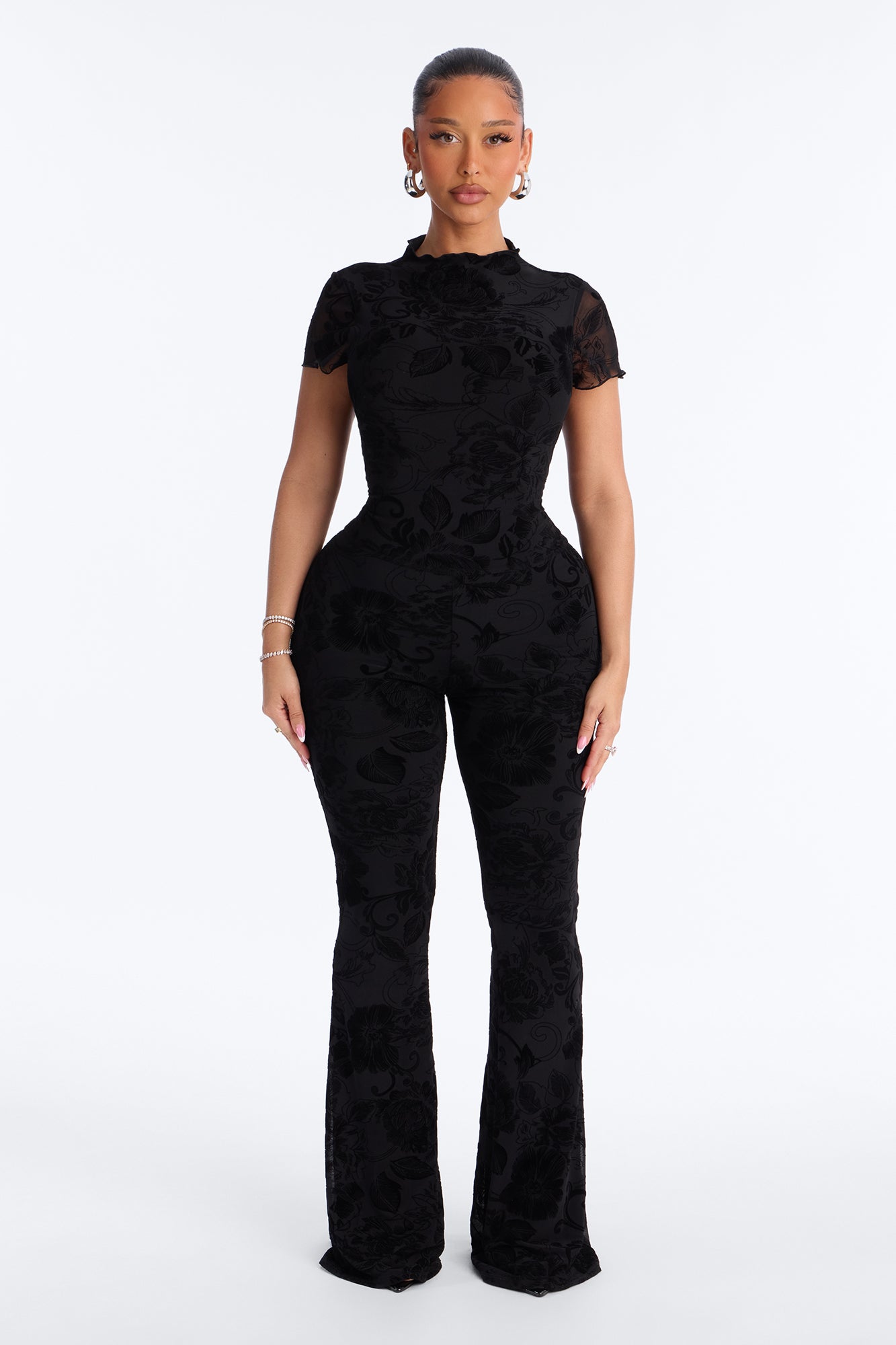 Dream Date Flocked Jumpsuit - Black