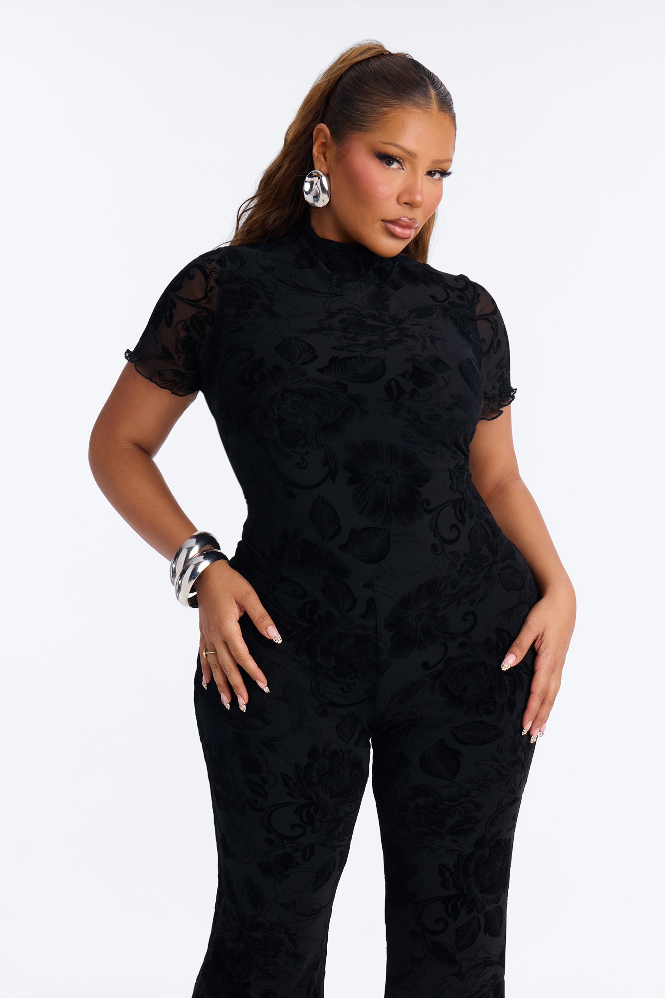 Dream Date Flocked Jumpsuit - Black