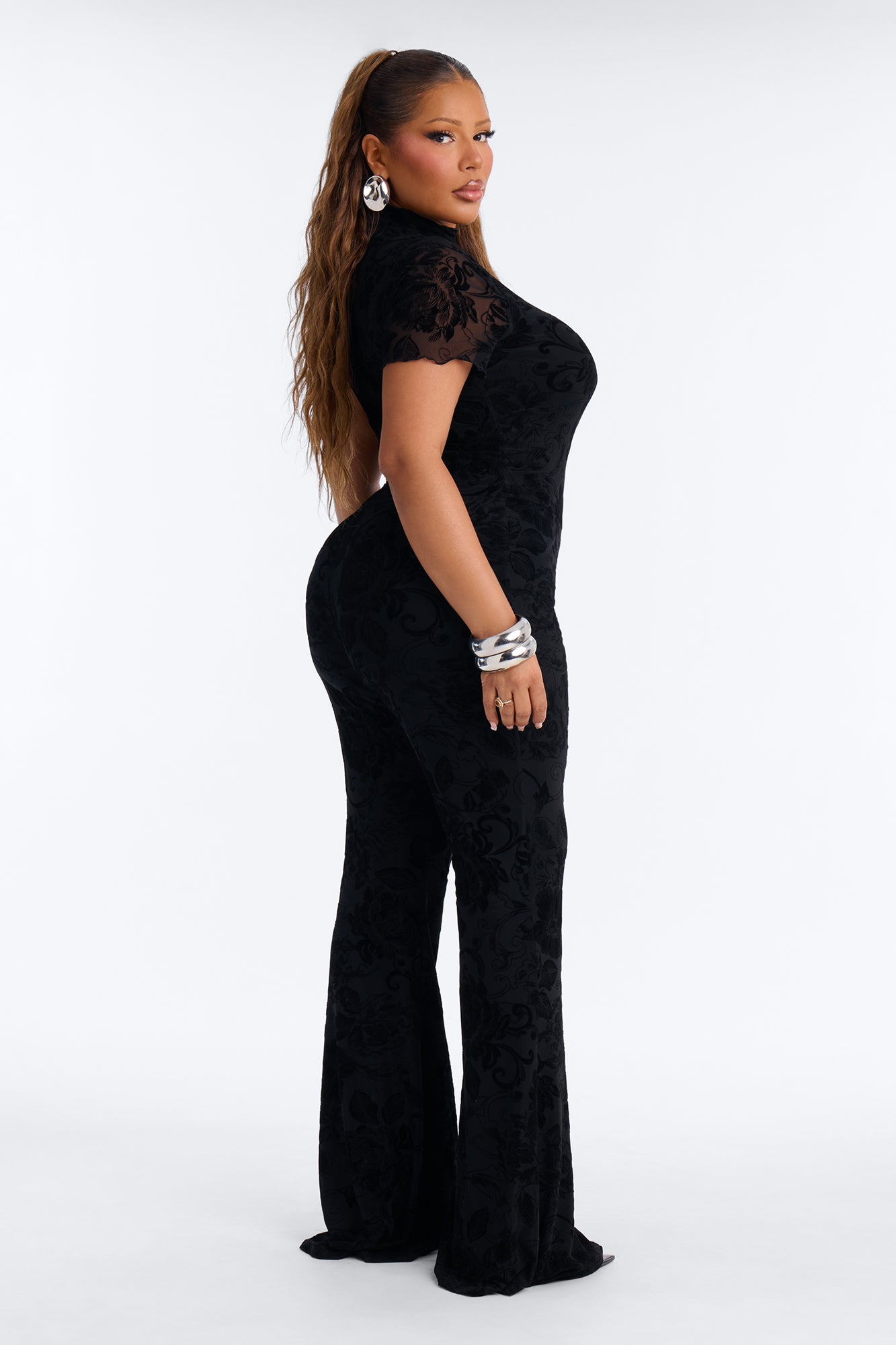 Dream Date Flocked Jumpsuit - Black