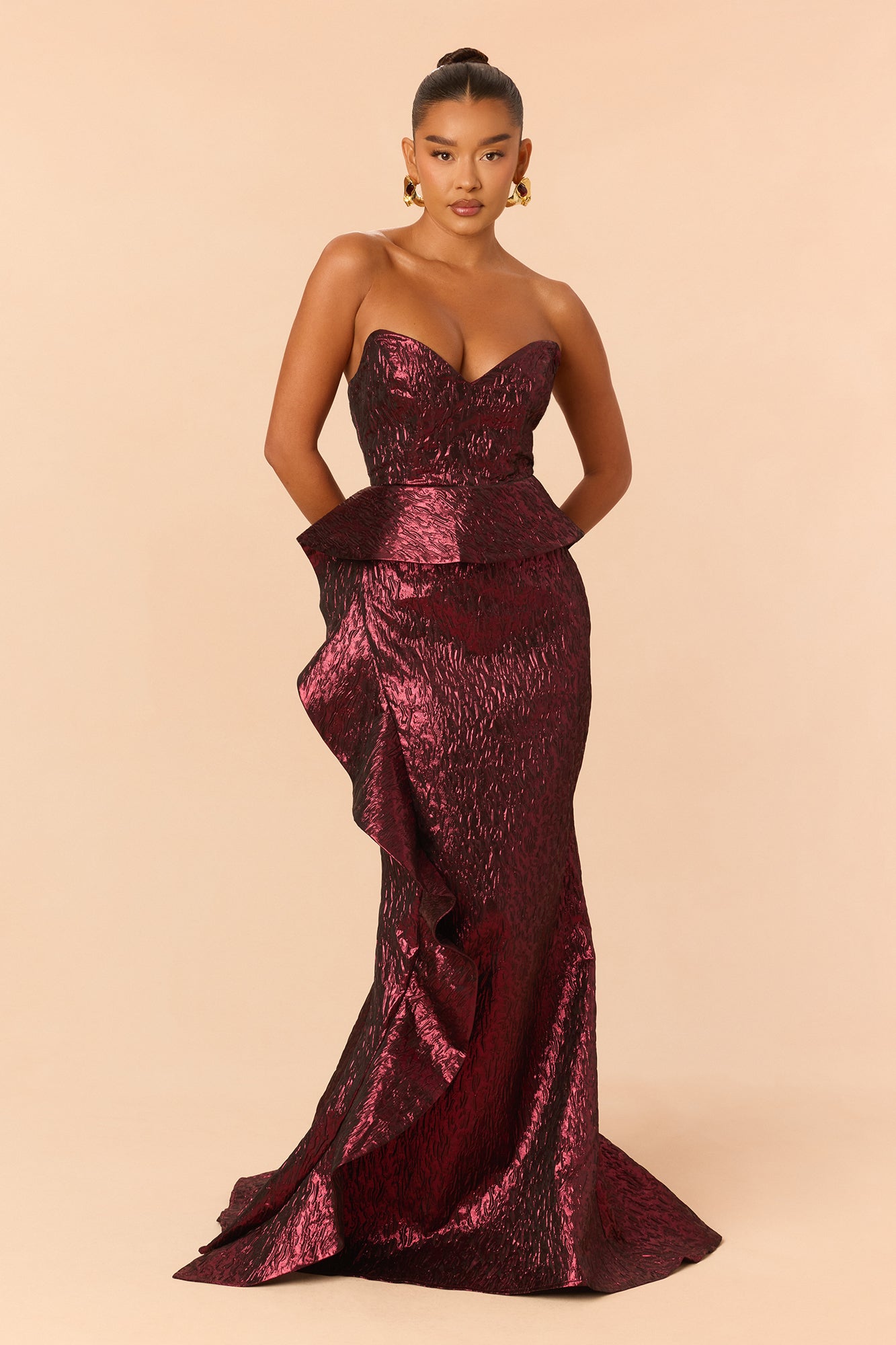 Ciara Peplum Metallic Gown - Burgundy