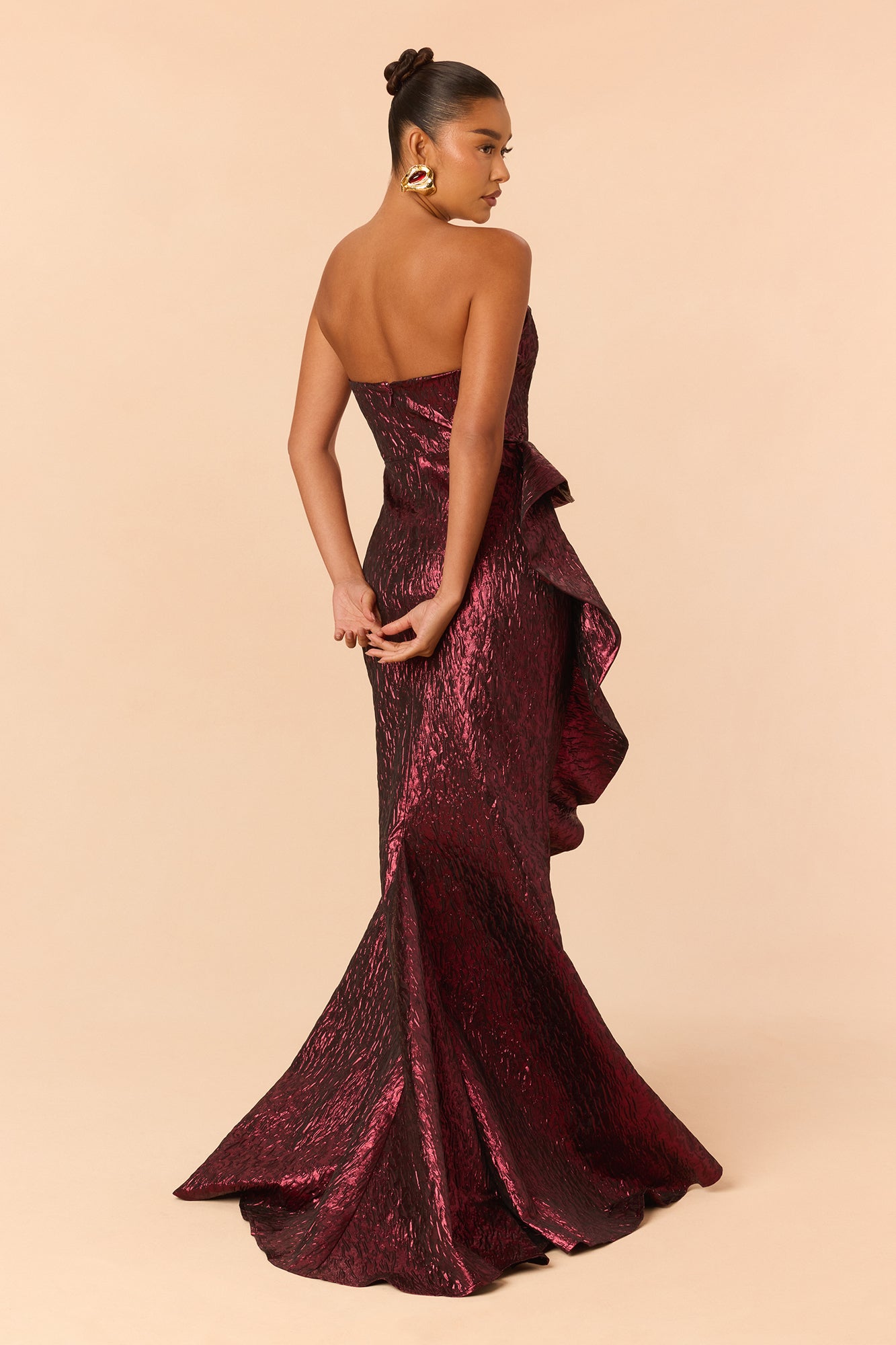 Ciara Peplum Metallic Gown - Burgundy