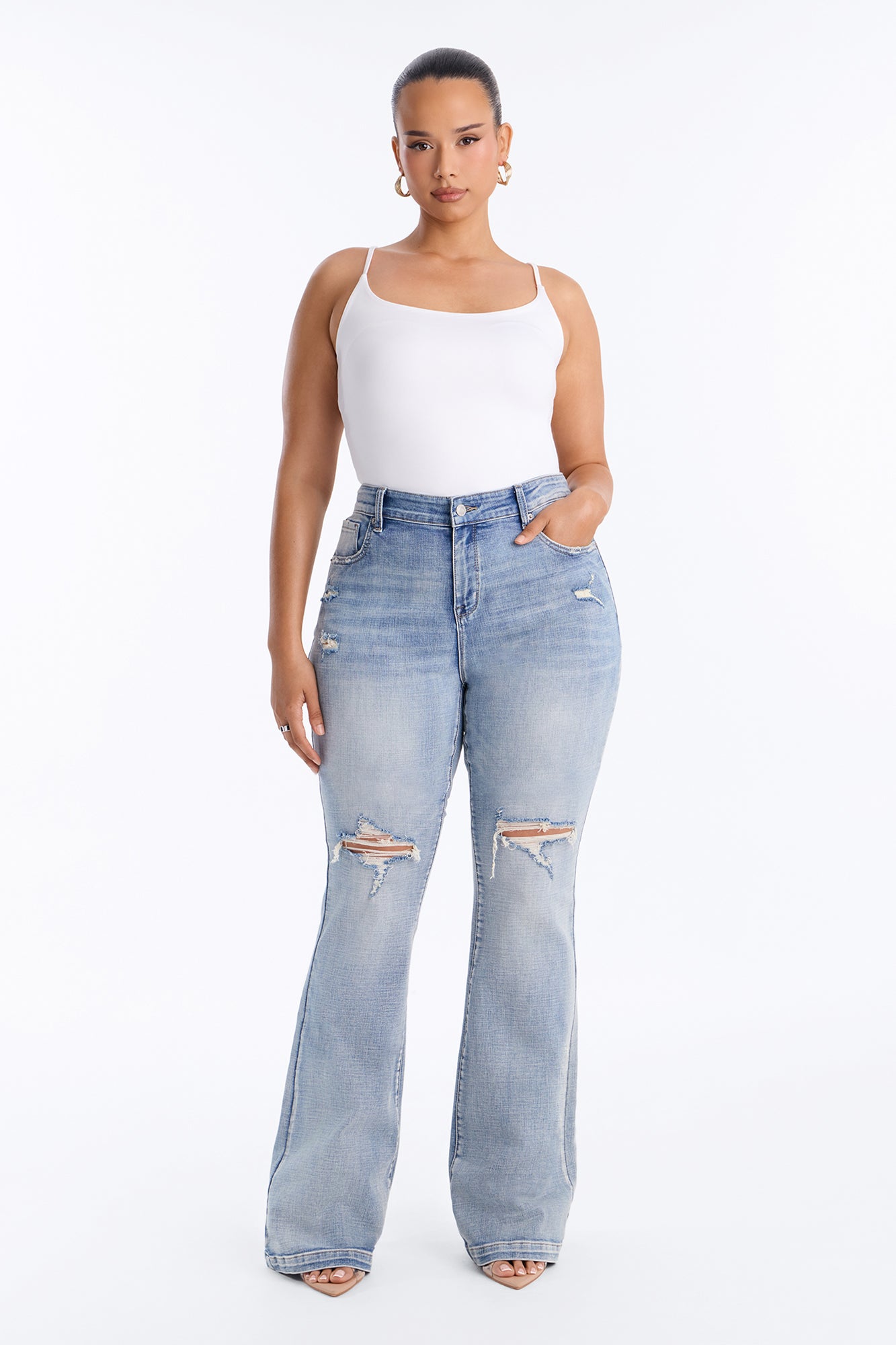 Tall Key Figure Ripped Stretch Flare Jeans - Medium Wash