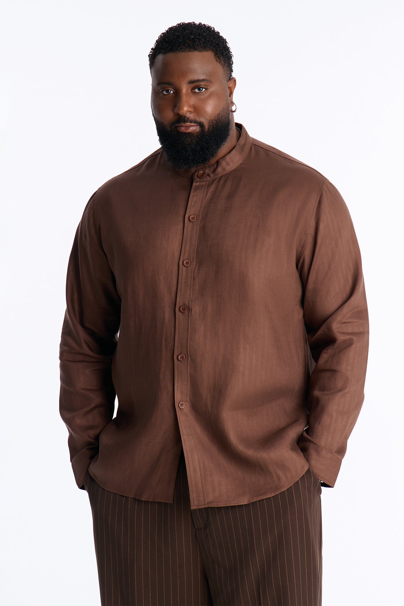 Linen Herringbone Chino Collar Button Up Shirt - LightBrown