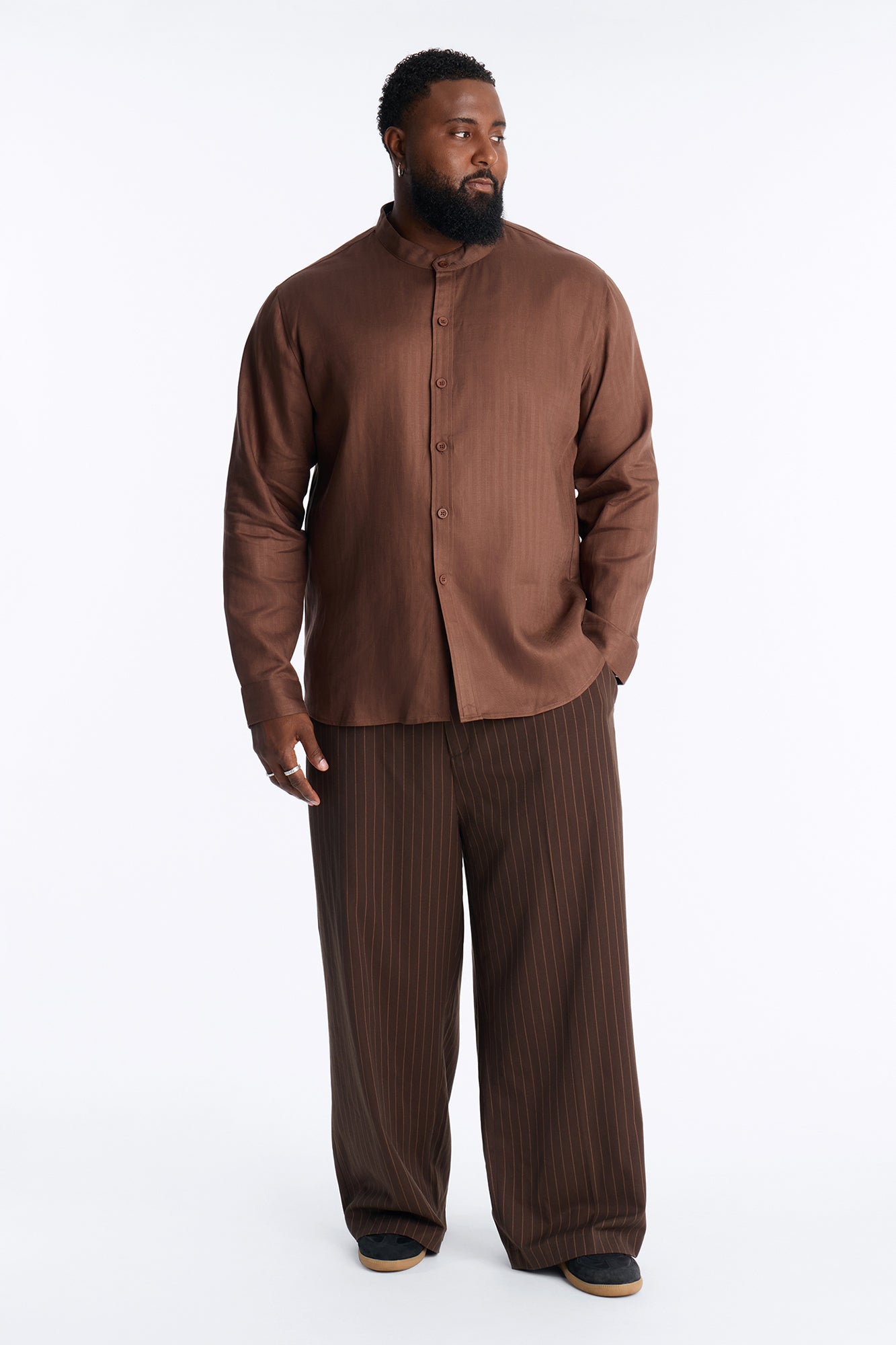Linen Herringbone Chino Collar Button Up Shirt - LightBrown