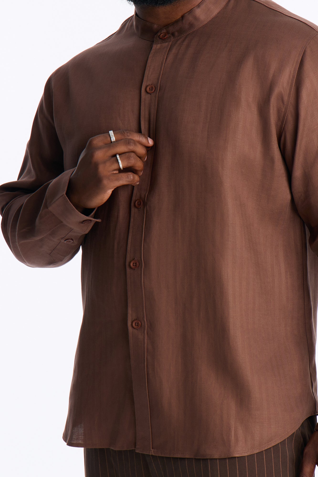 Linen Herringbone Chino Collar Button Up Shirt - LightBrown