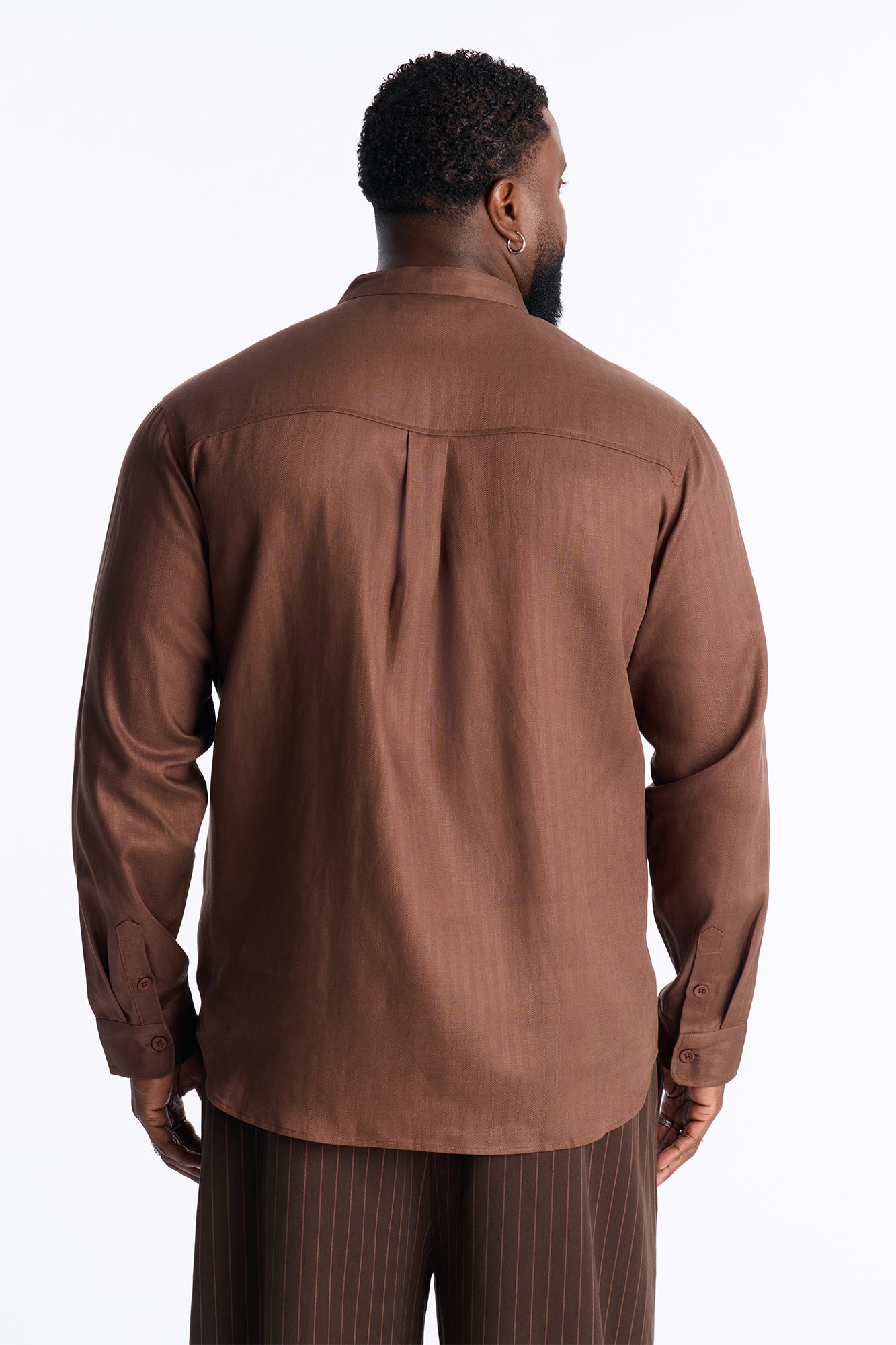 Linen Herringbone Chino Collar Button Up Shirt - LightBrown