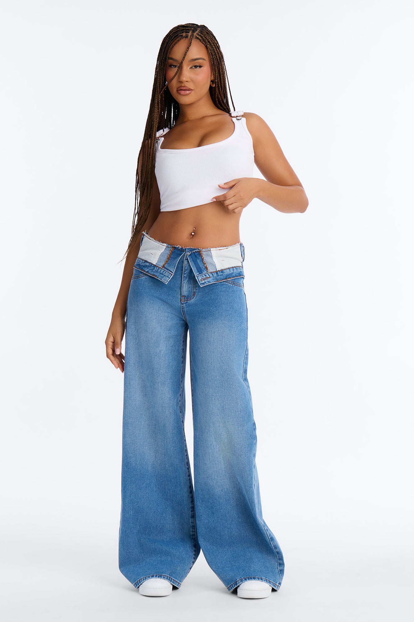 Take A Hint Foldover Wide Leg Jeans - Medium Wash