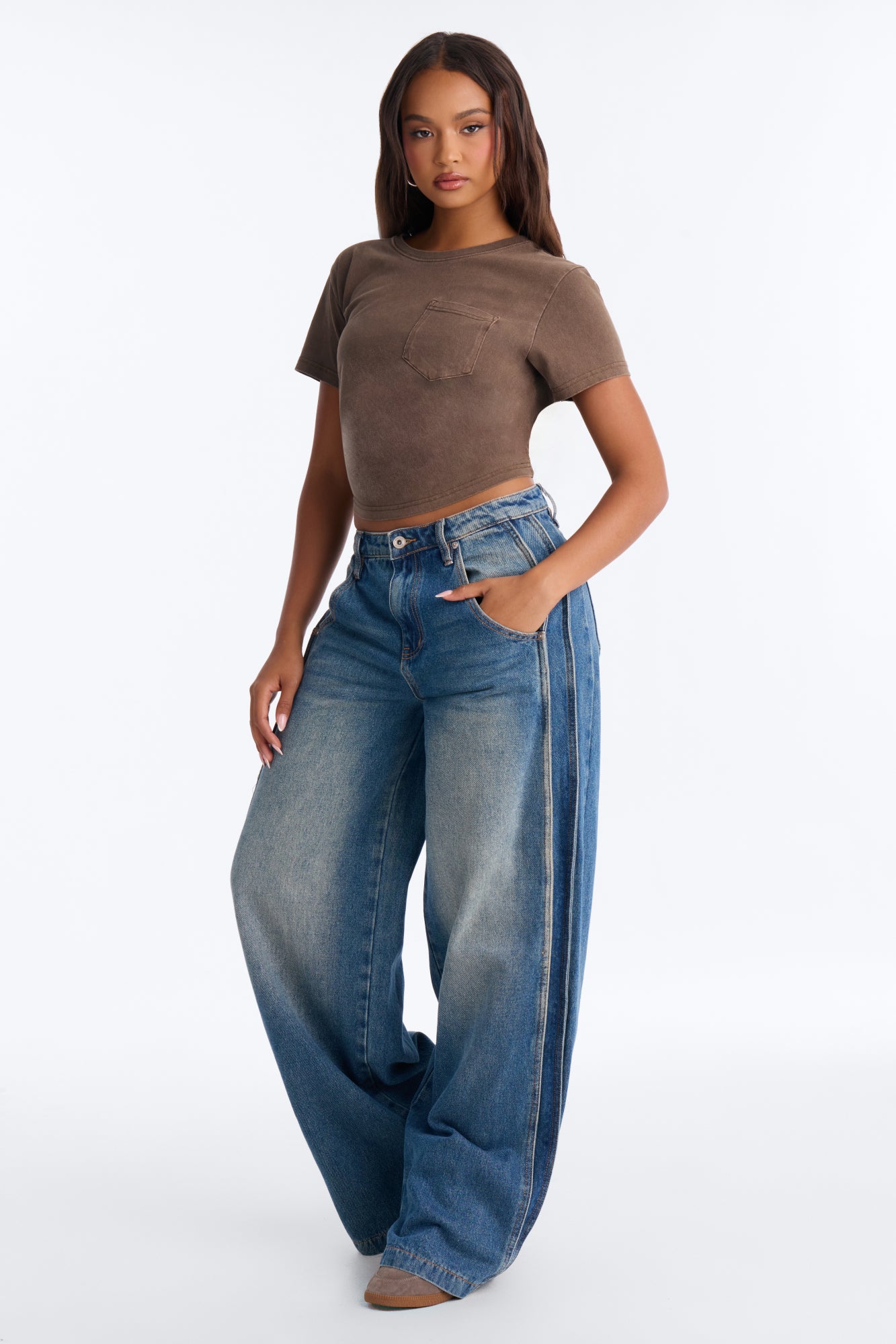 Talk Me Up Side Pleat Wide Leg Jeans - Medium Wash