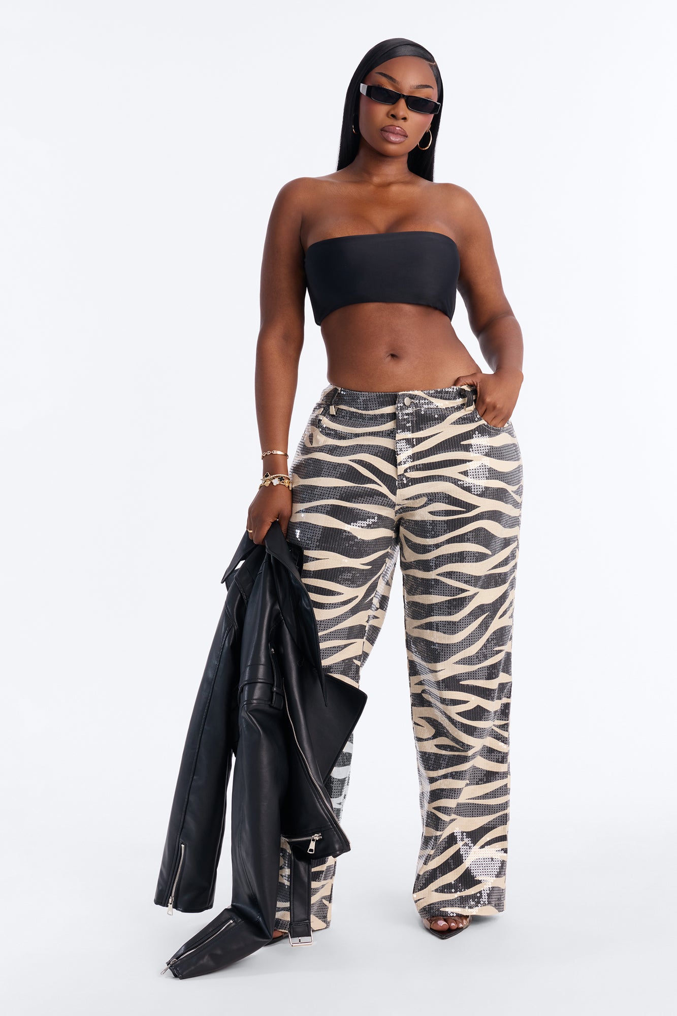 Striped Savage Sequin Zebra Straight Leg Jeans - Black/Smoke