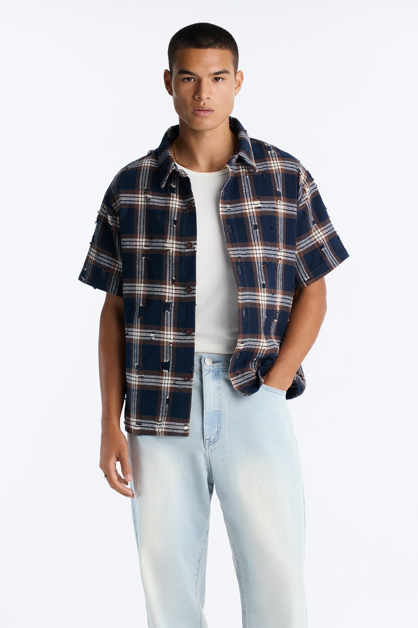 Plaid Washed Flannel Button Up Shirt - Brown/combo