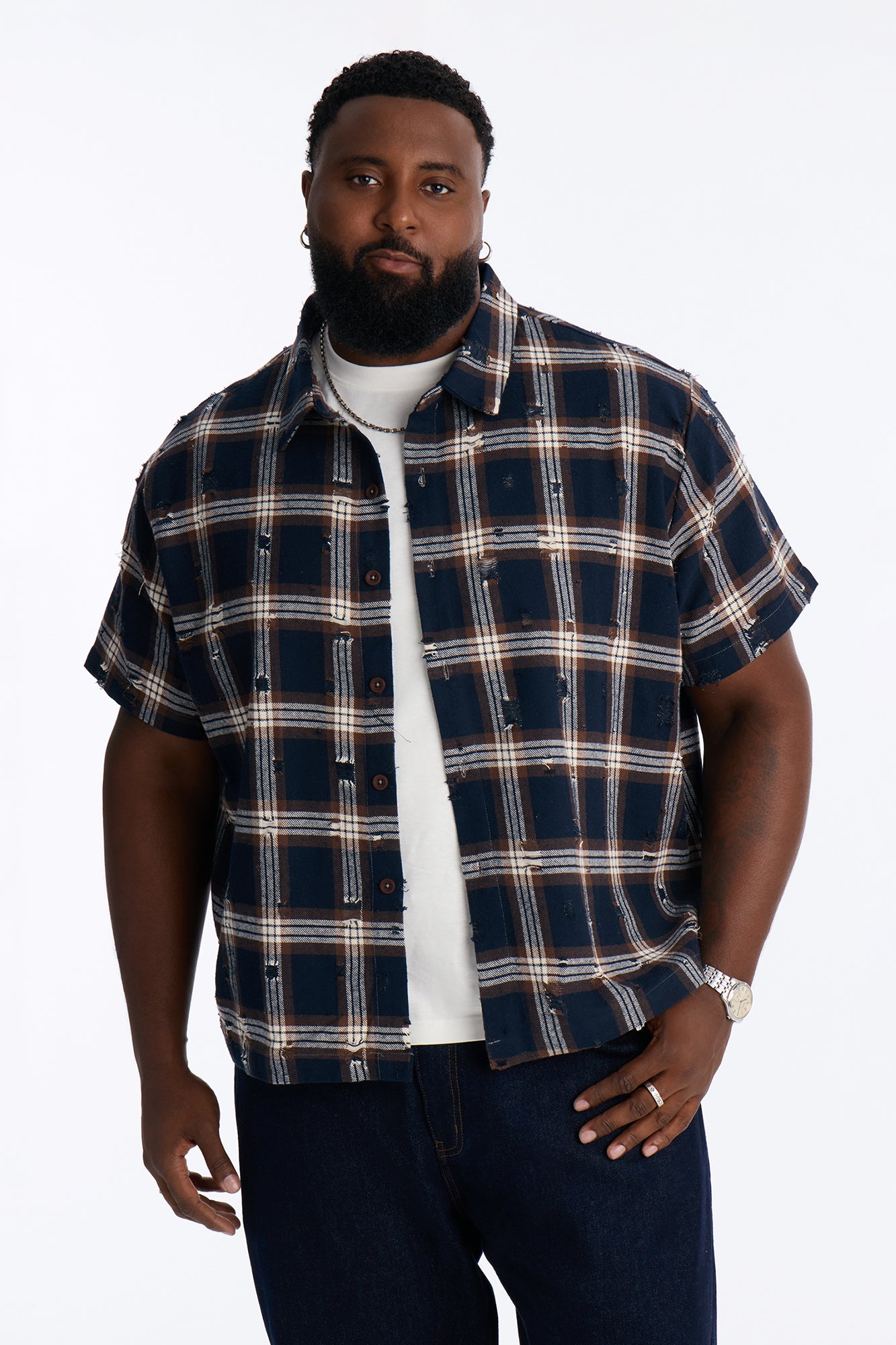 Plaid Washed Flannel Button Up Shirt - Brown/combo