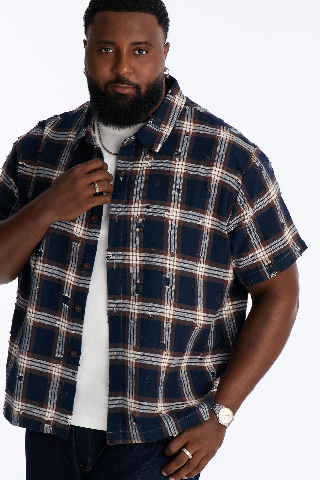 Plaid Washed Flannel Button Up Shirt - Brown/combo