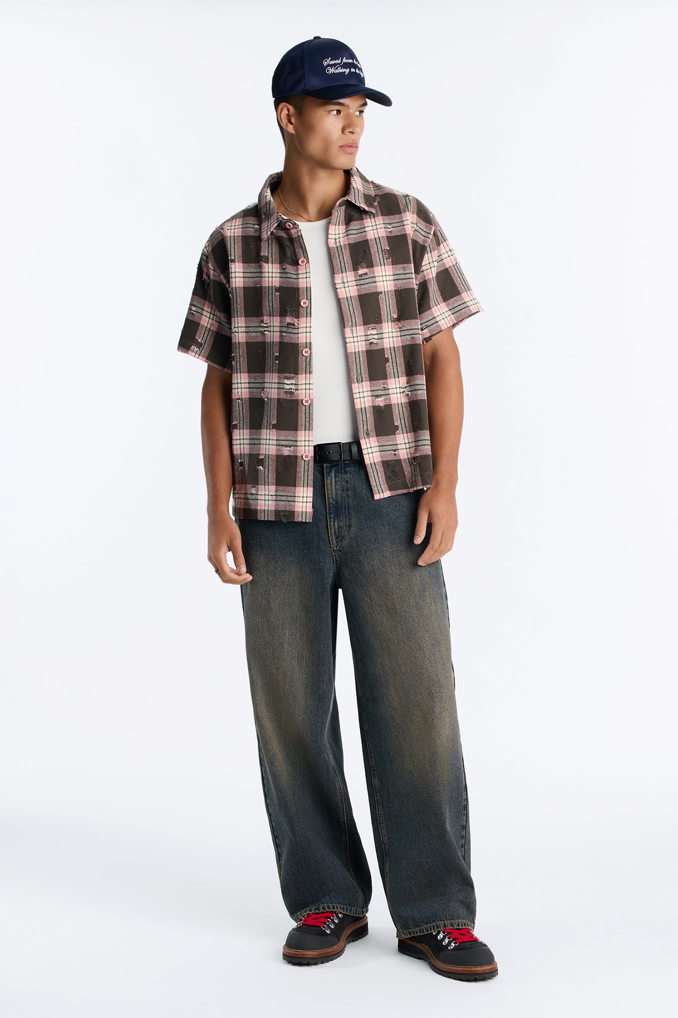 Plaid Washed Flannel Button Up Shirt - Pink/combo