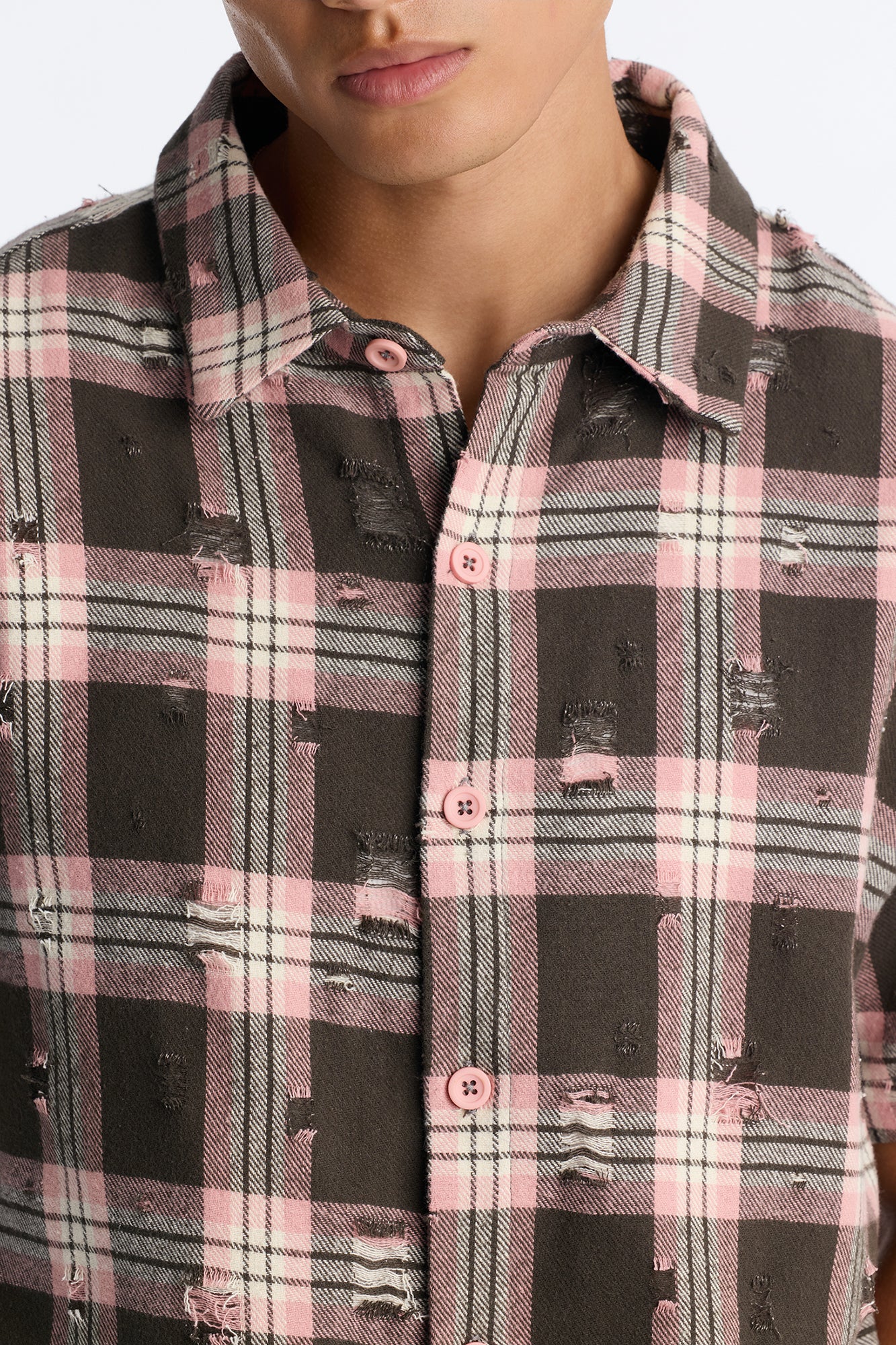 Plaid Washed Flannel Button Up Shirt - Pink/combo