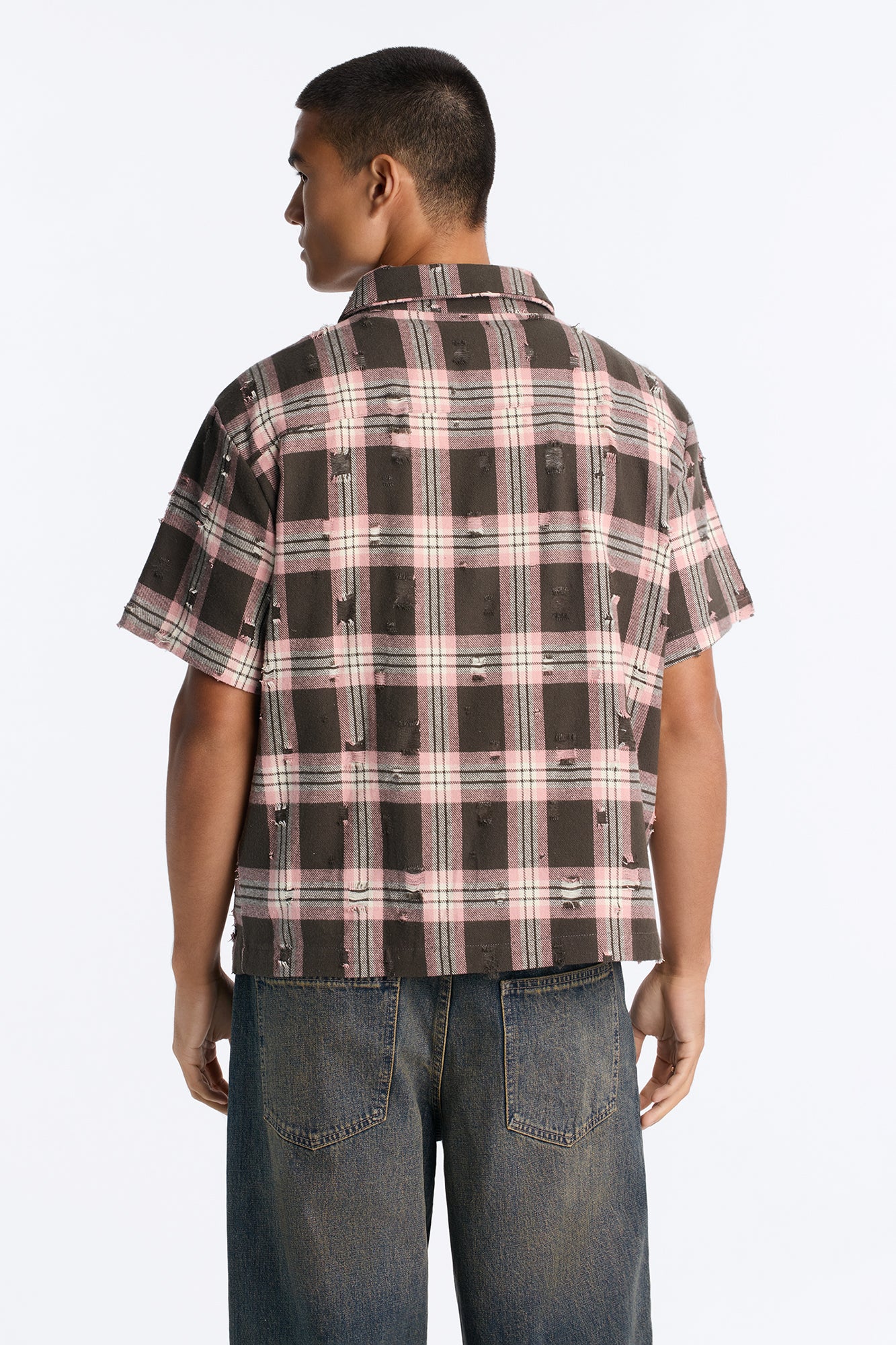 Plaid Washed Flannel Button Up Shirt - Pink/combo