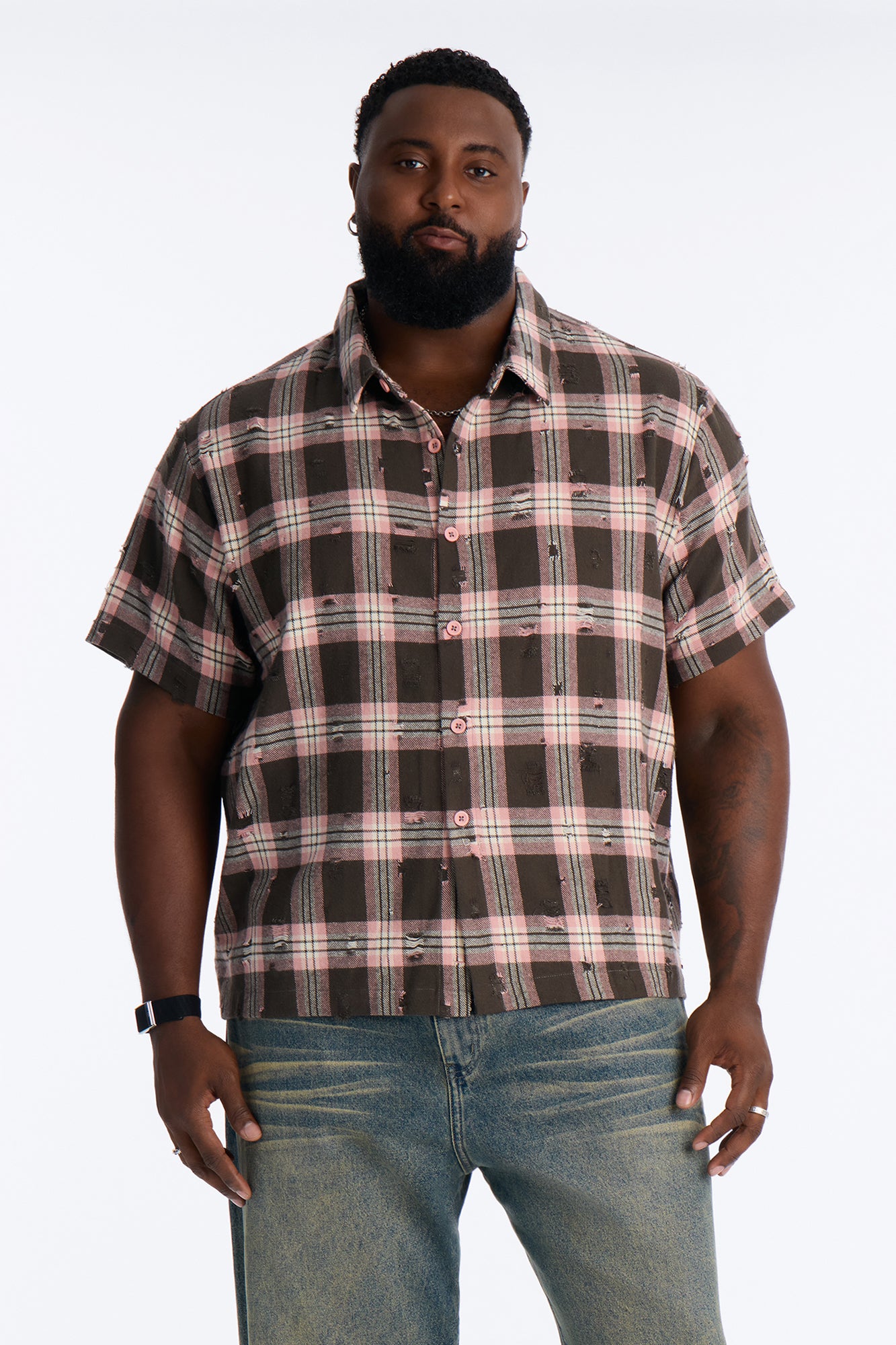 Plaid Washed Flannel Button Up Shirt - Pink/combo
