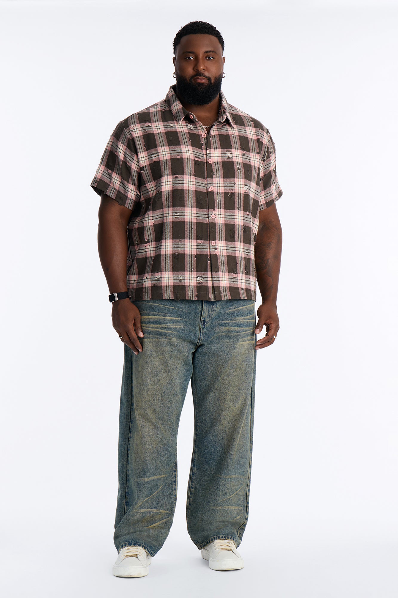 Plaid Washed Flannel Button Up Shirt - Pink/combo