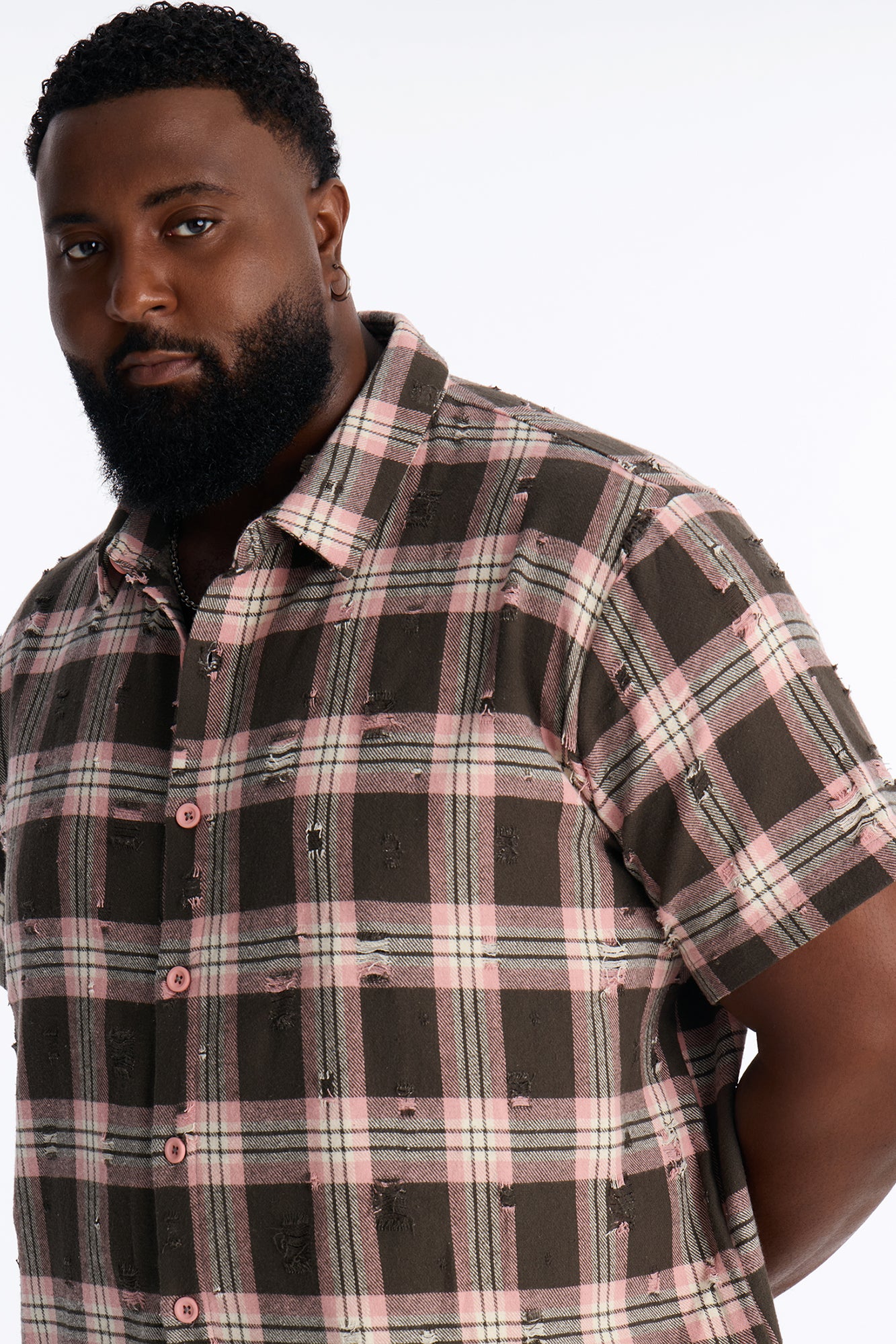 Plaid Washed Flannel Button Up Shirt - Pink/combo