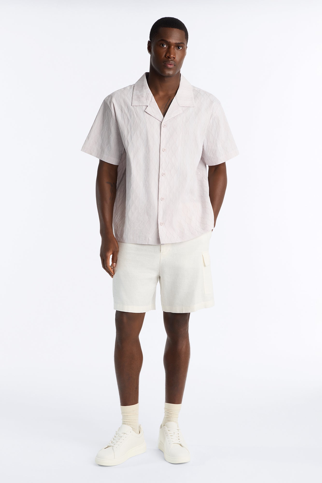 Harbor Stripe Cuban Collar Button Up Shirt - Mauve/combo