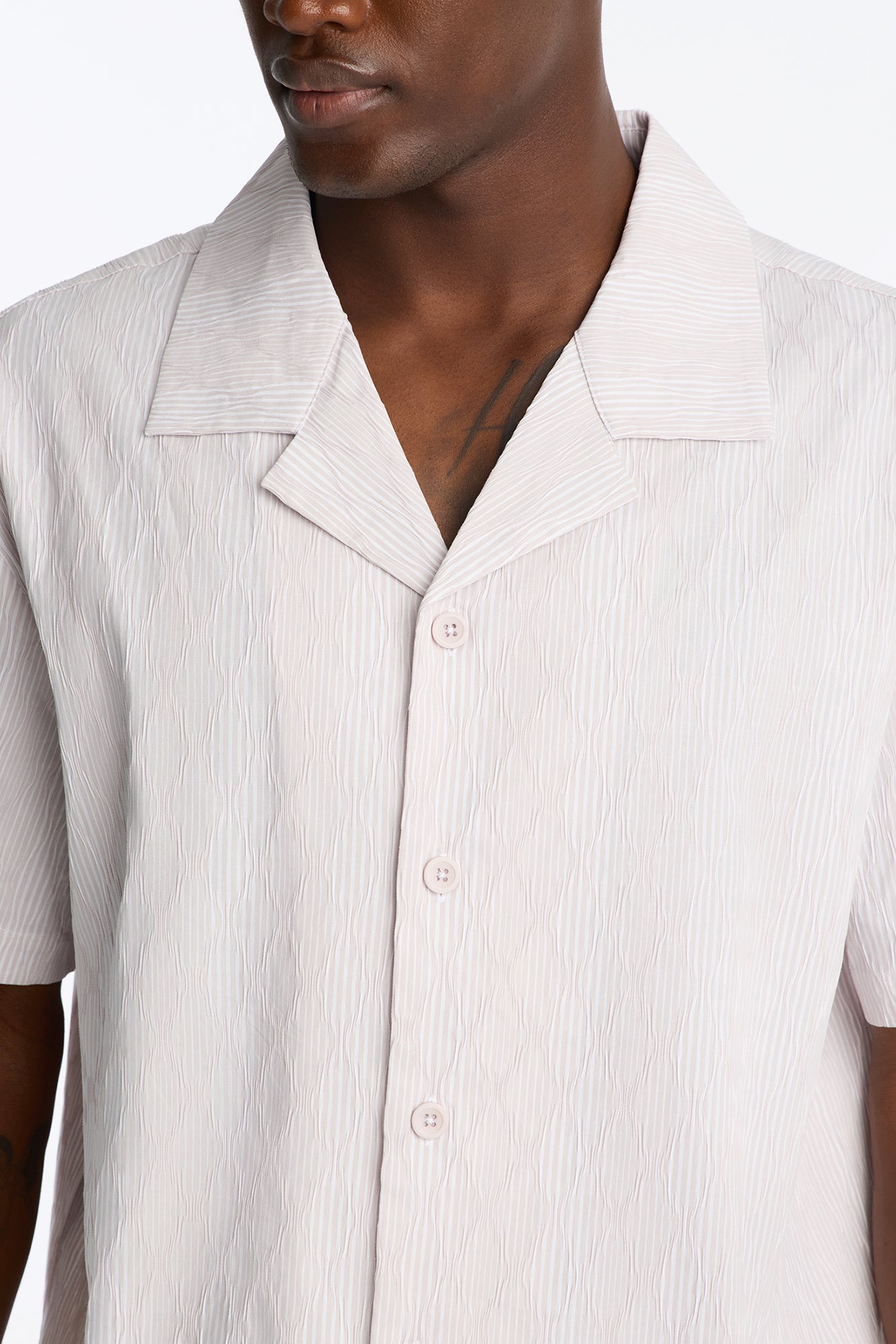 Harbor Stripe Cuban Collar Button Up Shirt - Mauve/combo