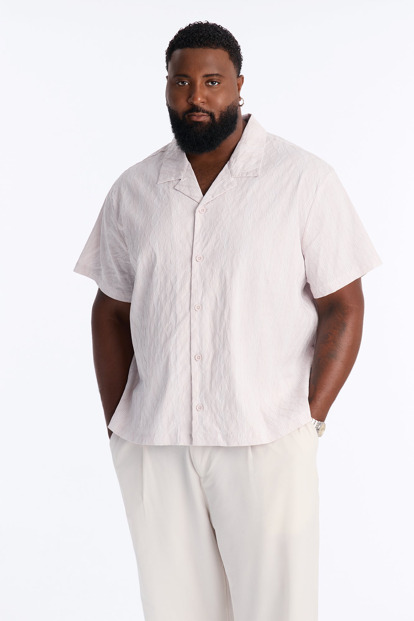 Harbor Stripe Cuban Collar Button Up Shirt - Mauve/combo