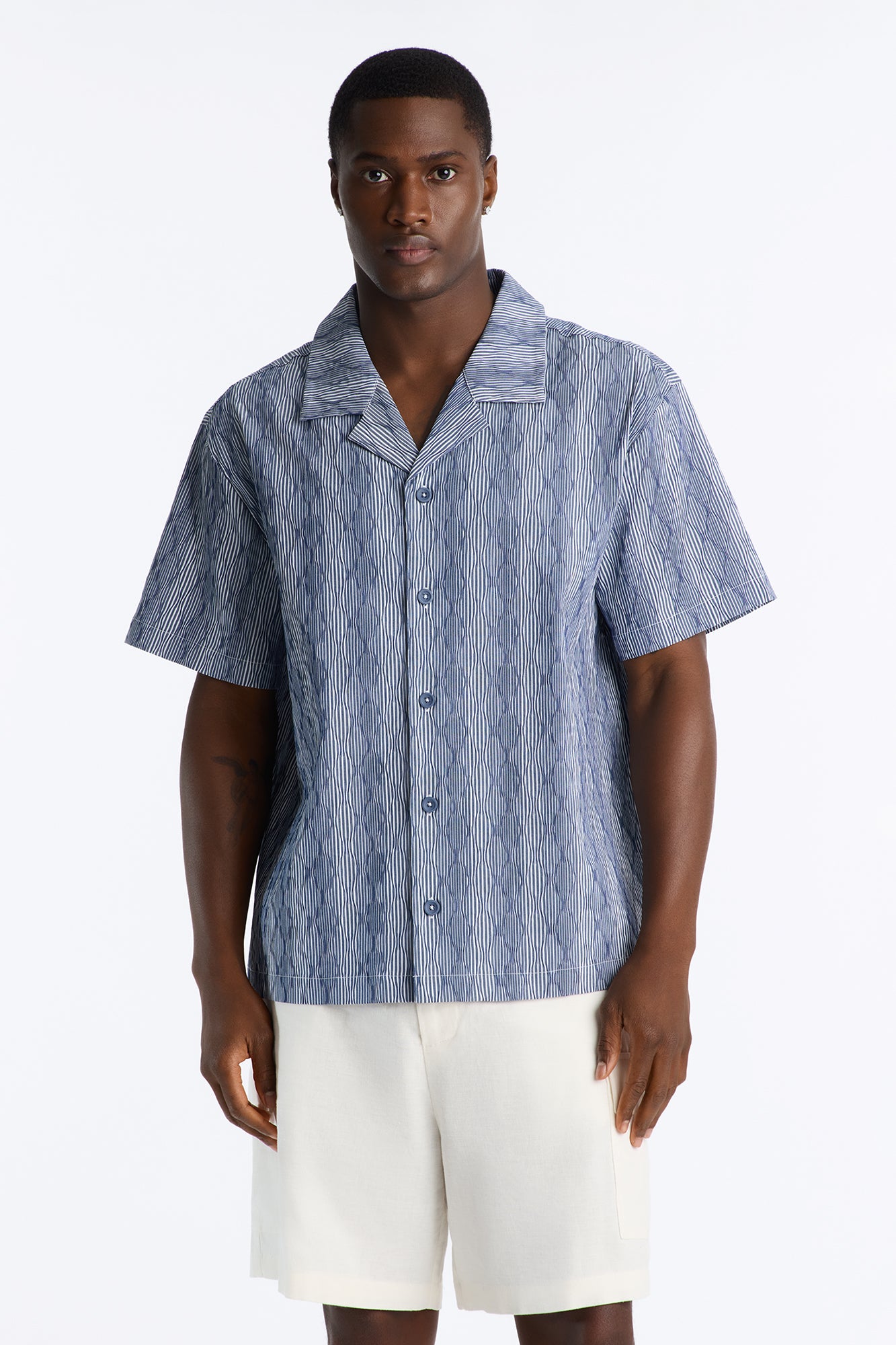 Harbor Stripe Cuban Collar Button Up Shirt - Navy/combo