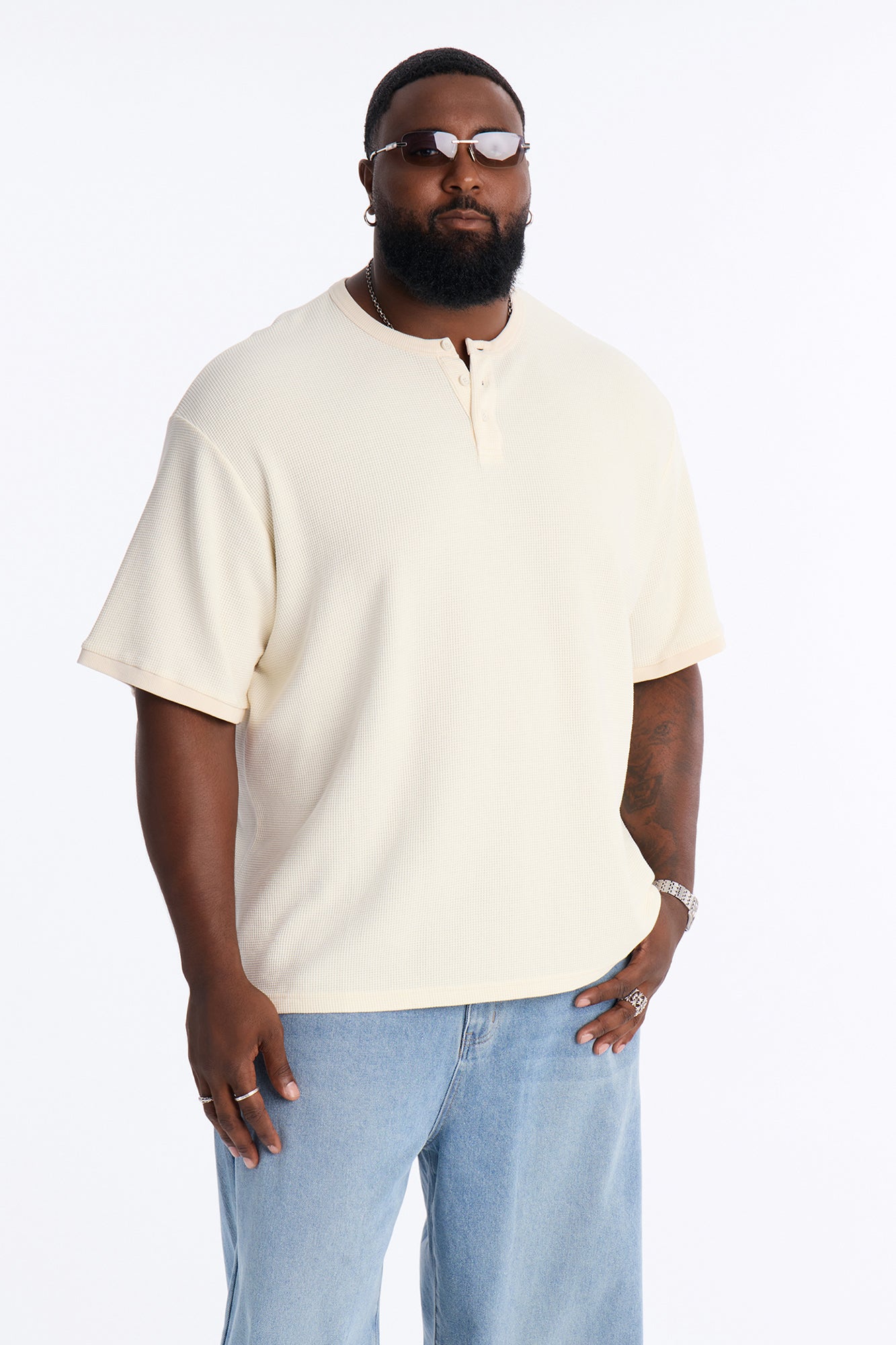 Classic Waffle Henley Tee - Cream