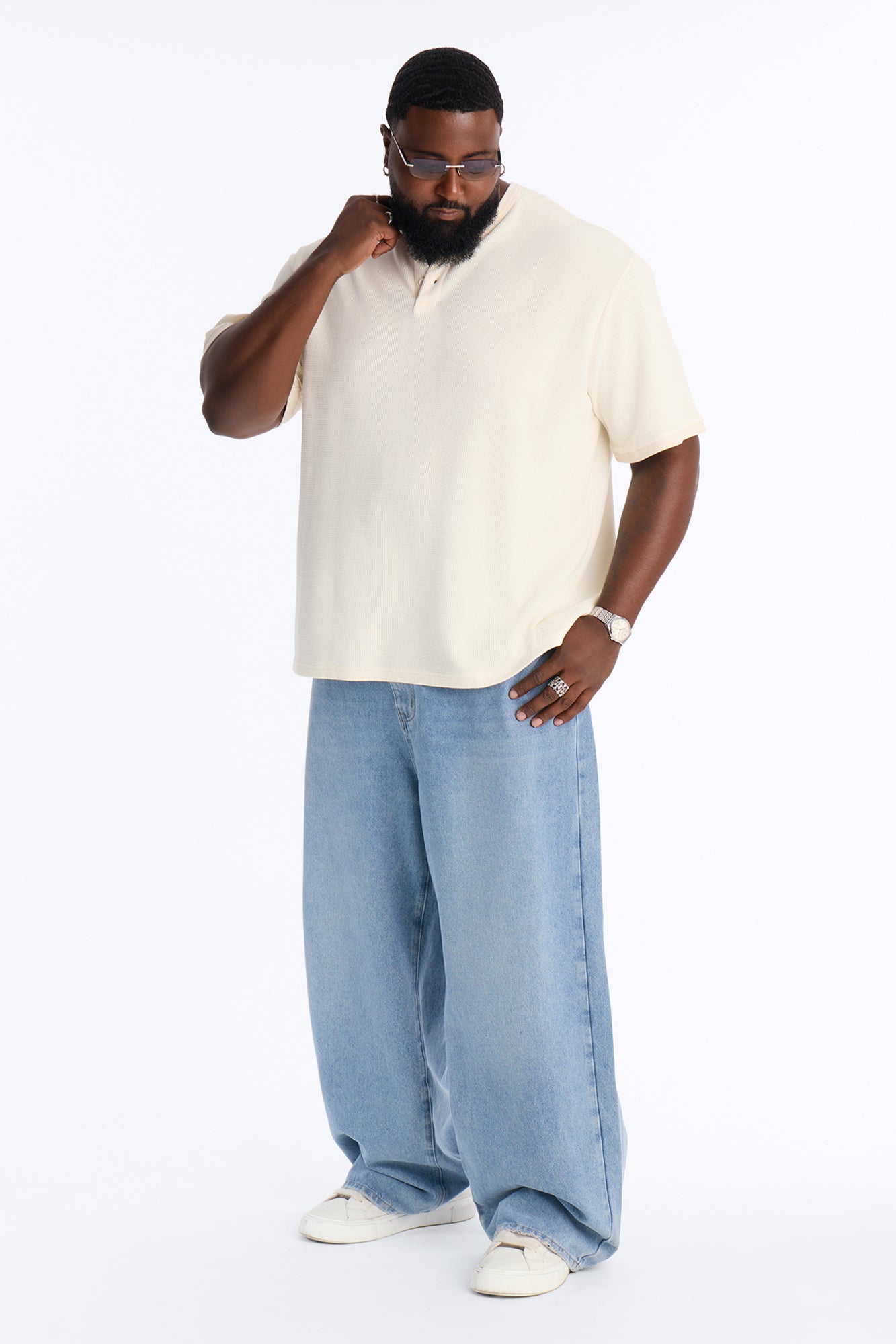 Classic Waffle Henley Tee - Cream
