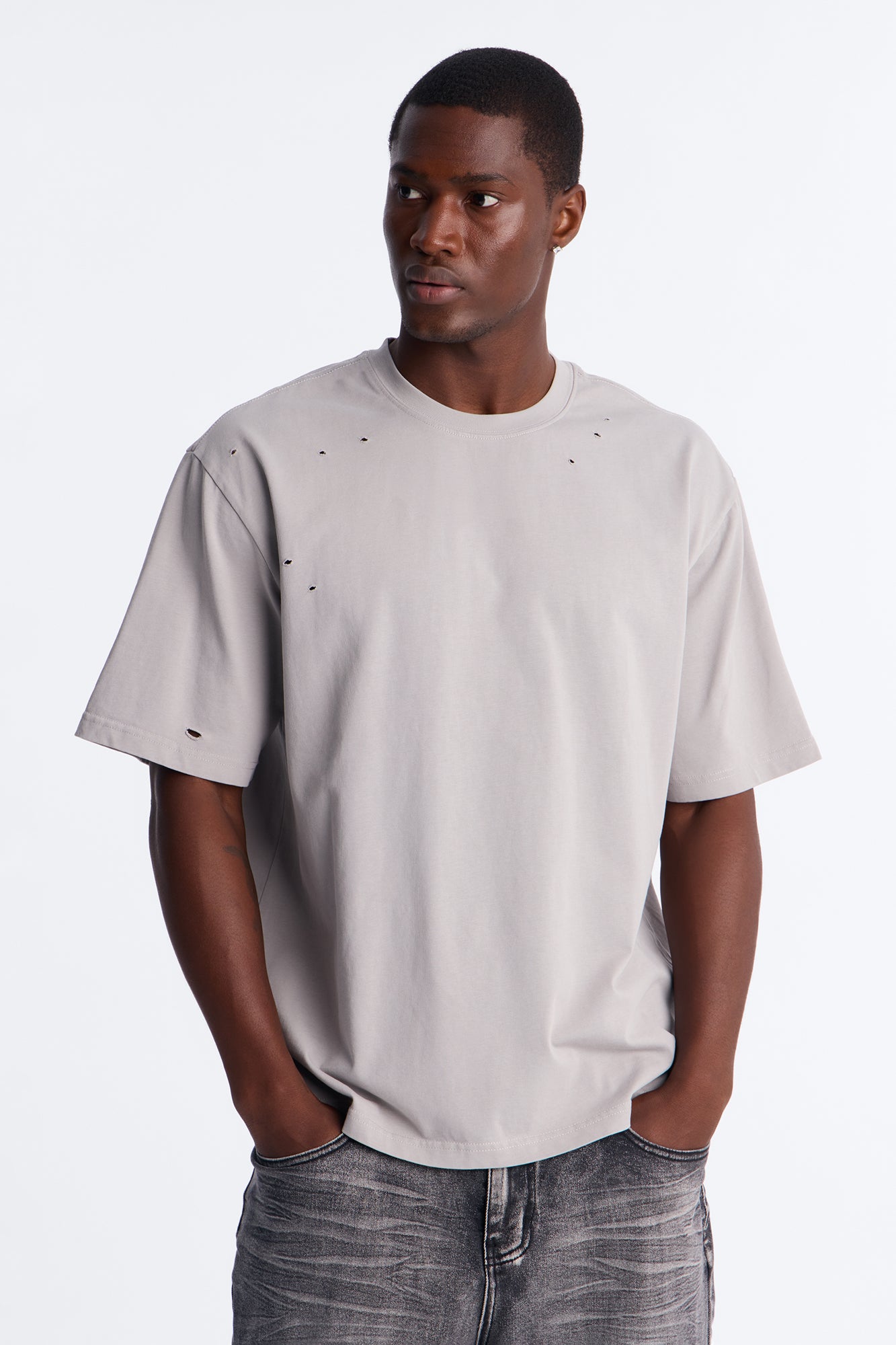 Destructed Crewneck Tee - Grey