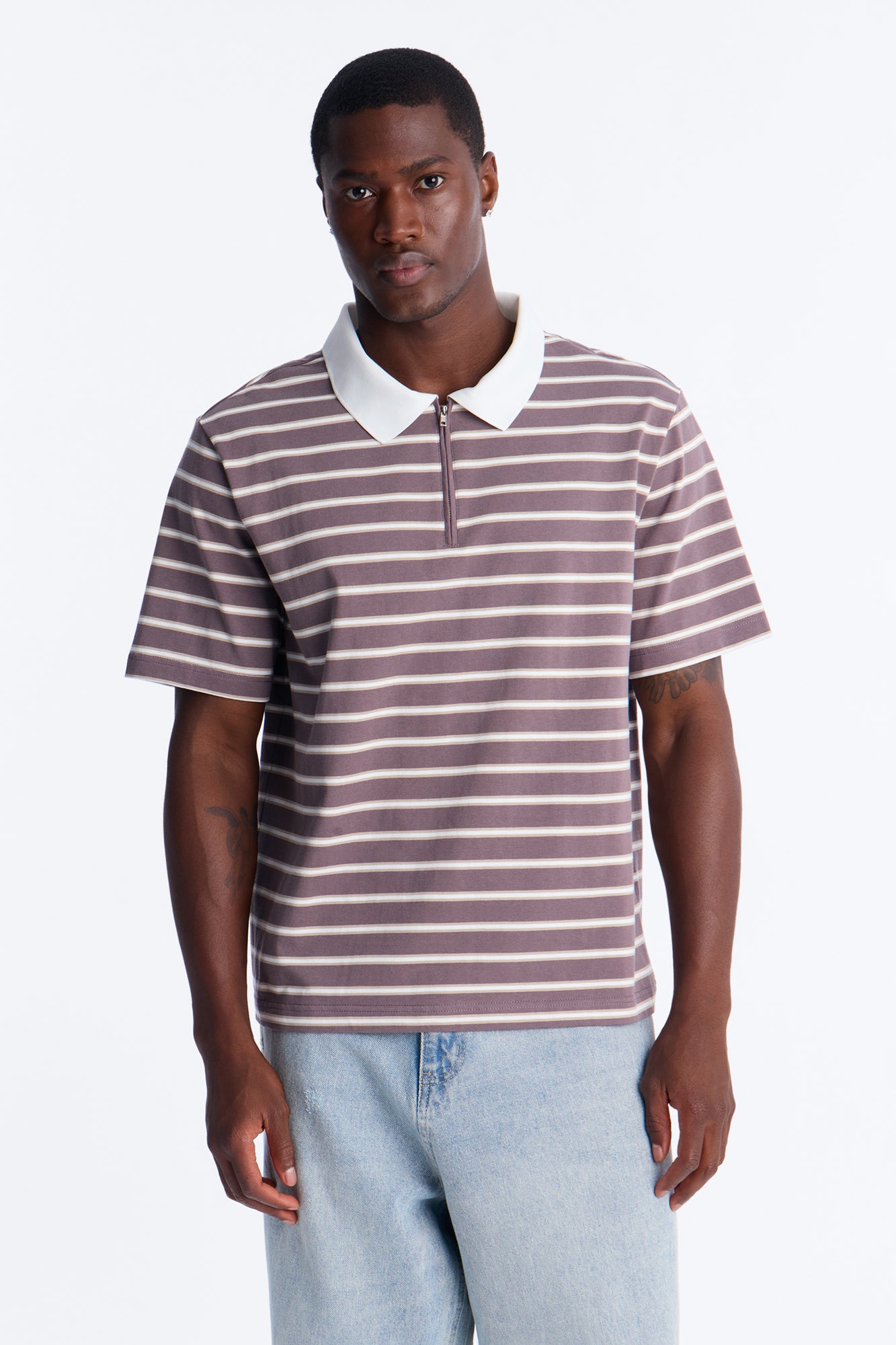 Levitt Stripe Quarter Zip Polo - Purple/combo
