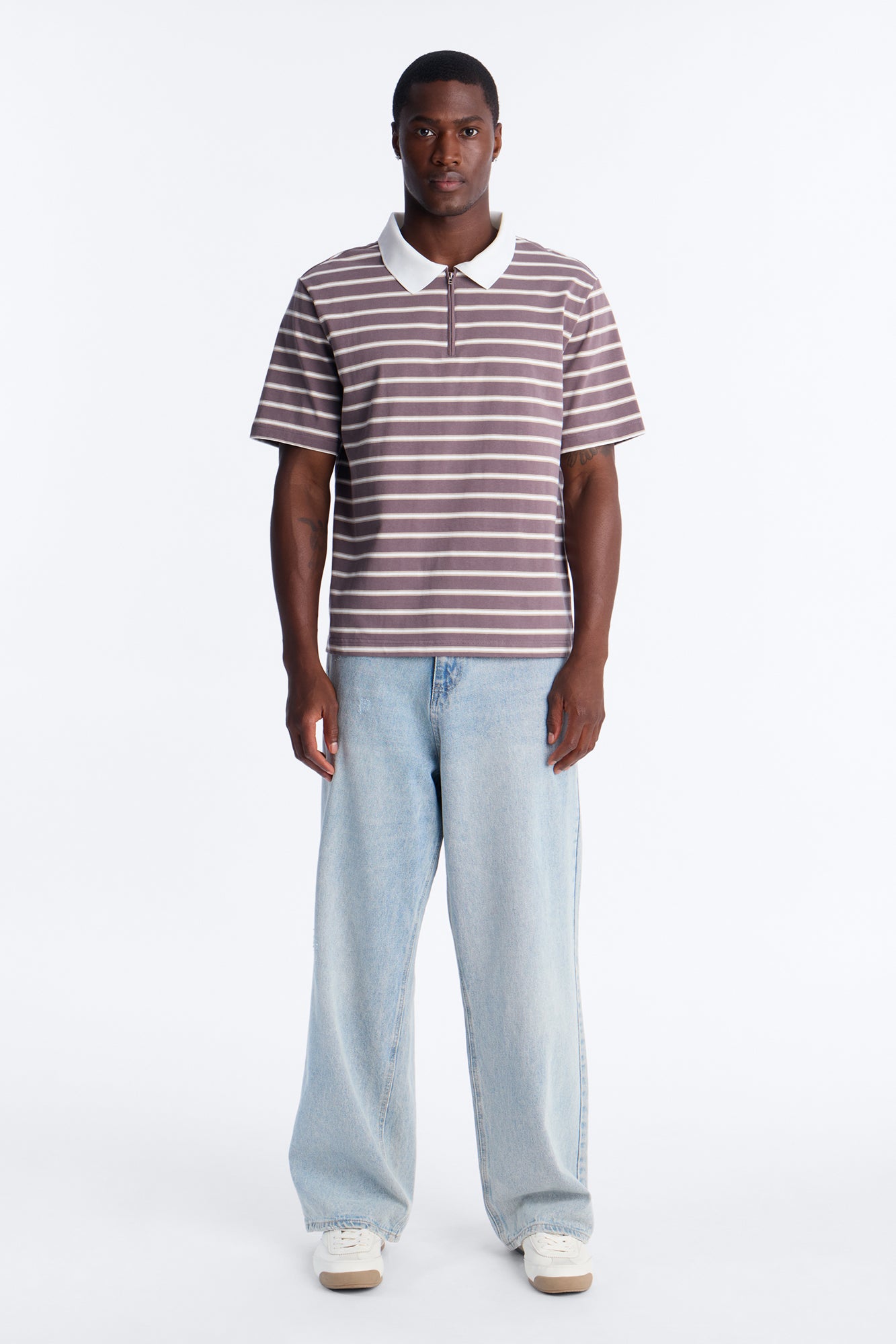 Levitt Stripe Quarter Zip Polo - Purple/combo