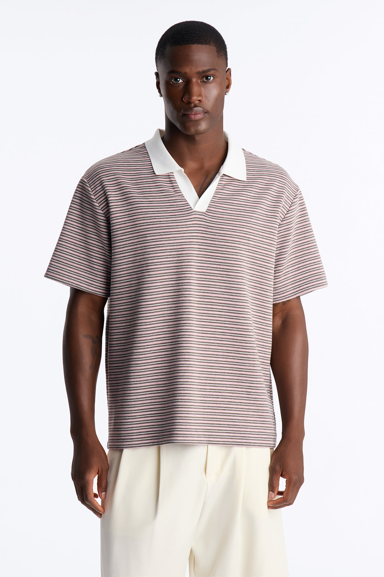 Take A Chance Stripe Johnny Collar Polo - Pink/combo