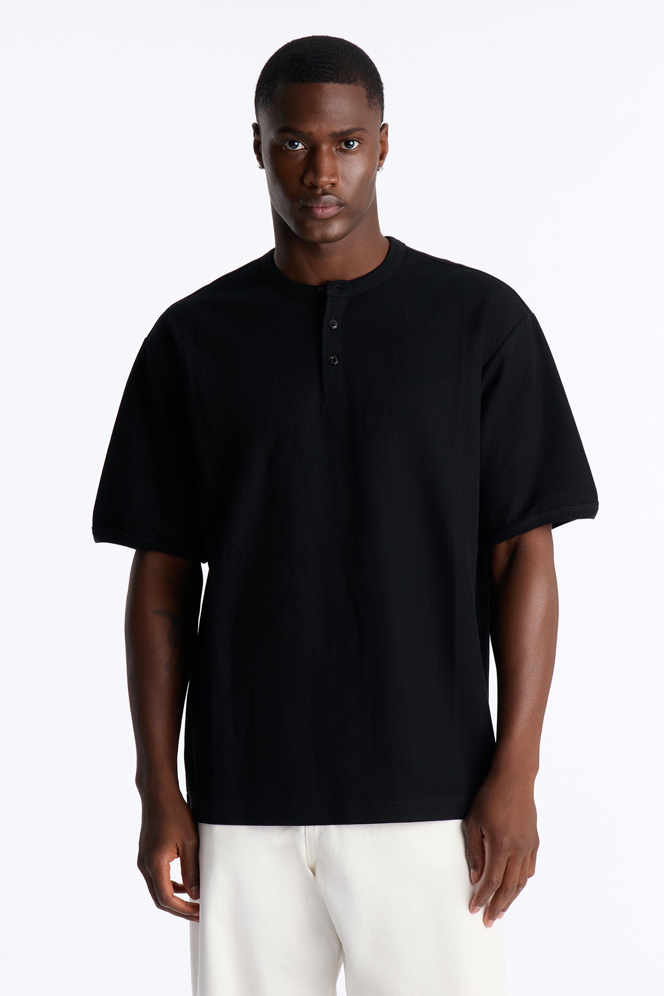 Ribbed Henley Tee - Black