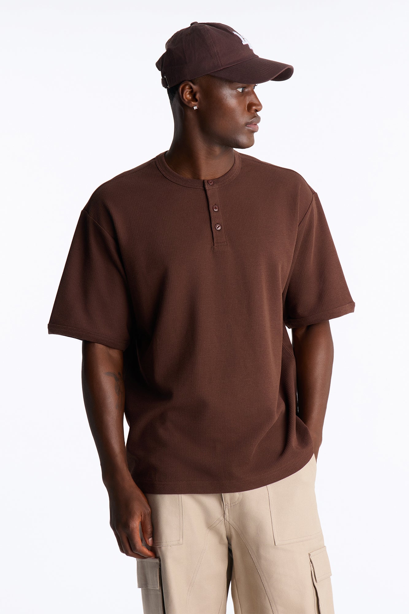 Ribbed Henley Tee - Chocolate