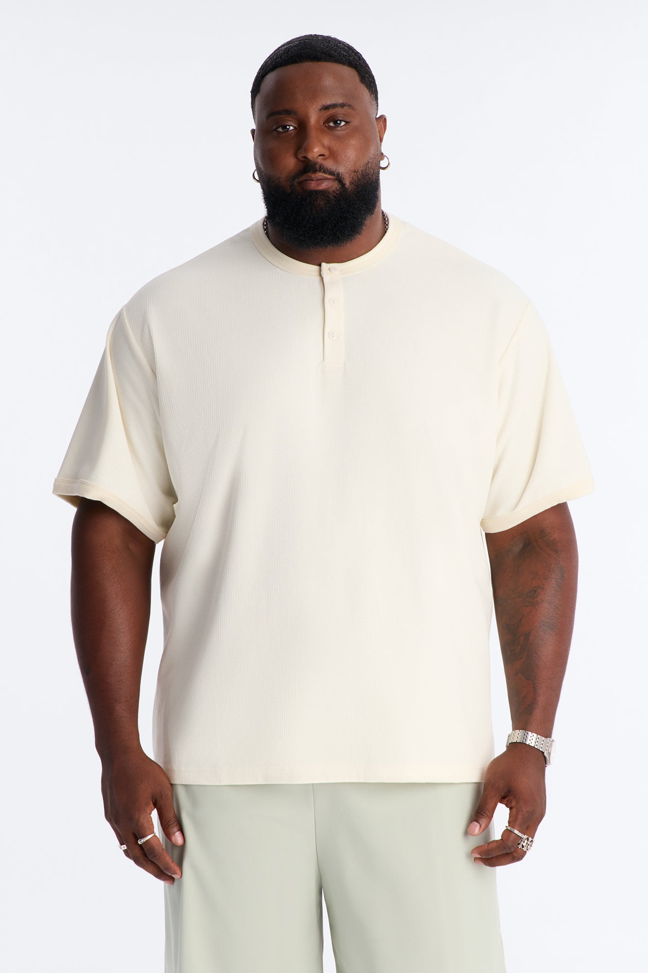 Ribbed Henley Tee - Cream