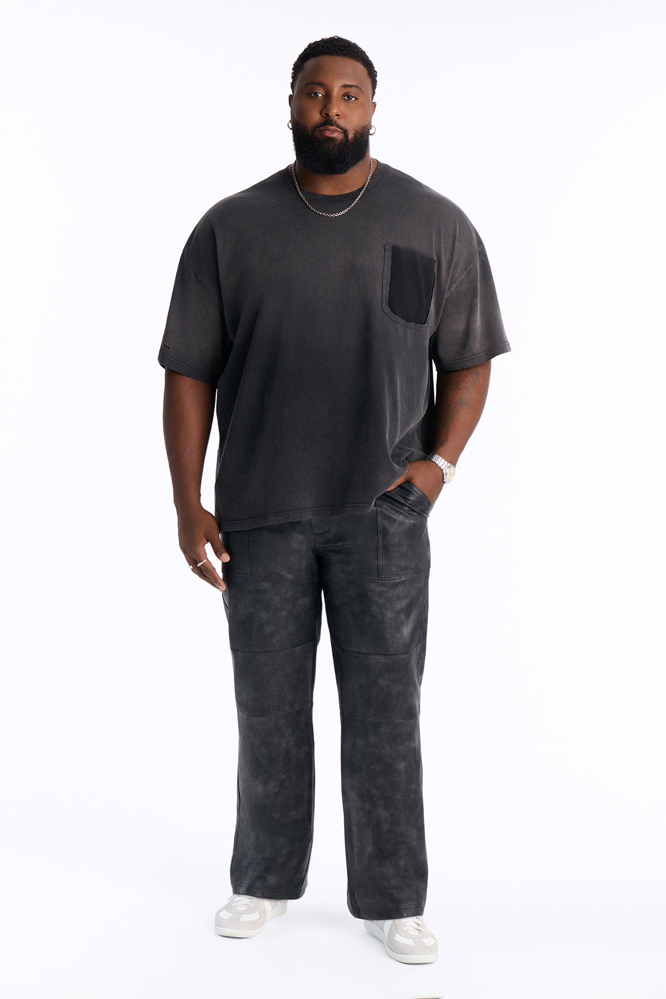 Straight Flared Stone Grained Faux Leather Zip Pant - Black