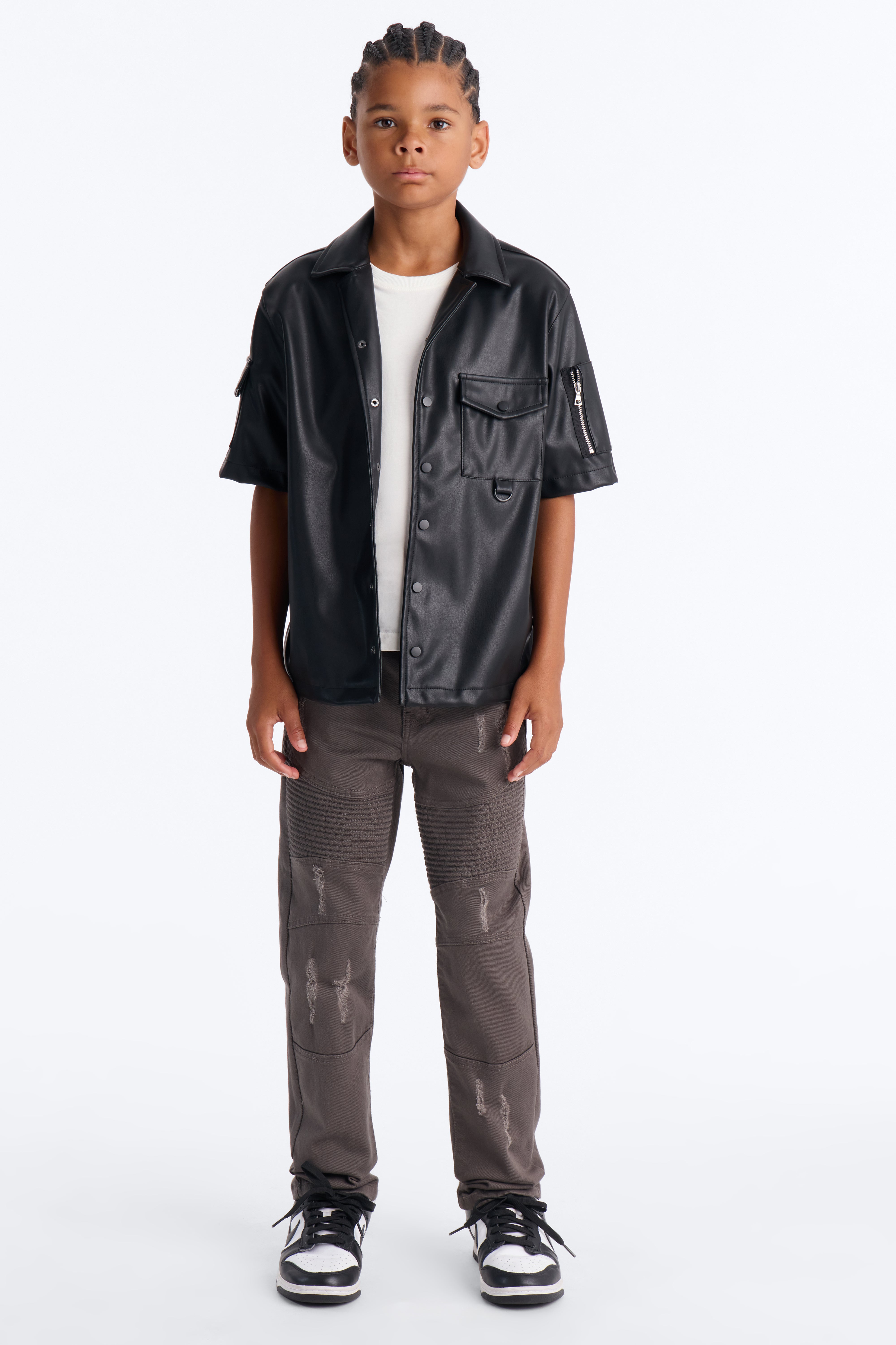 Mini Utility Faux Leather Short Sleeve Button Up Shirt - Black