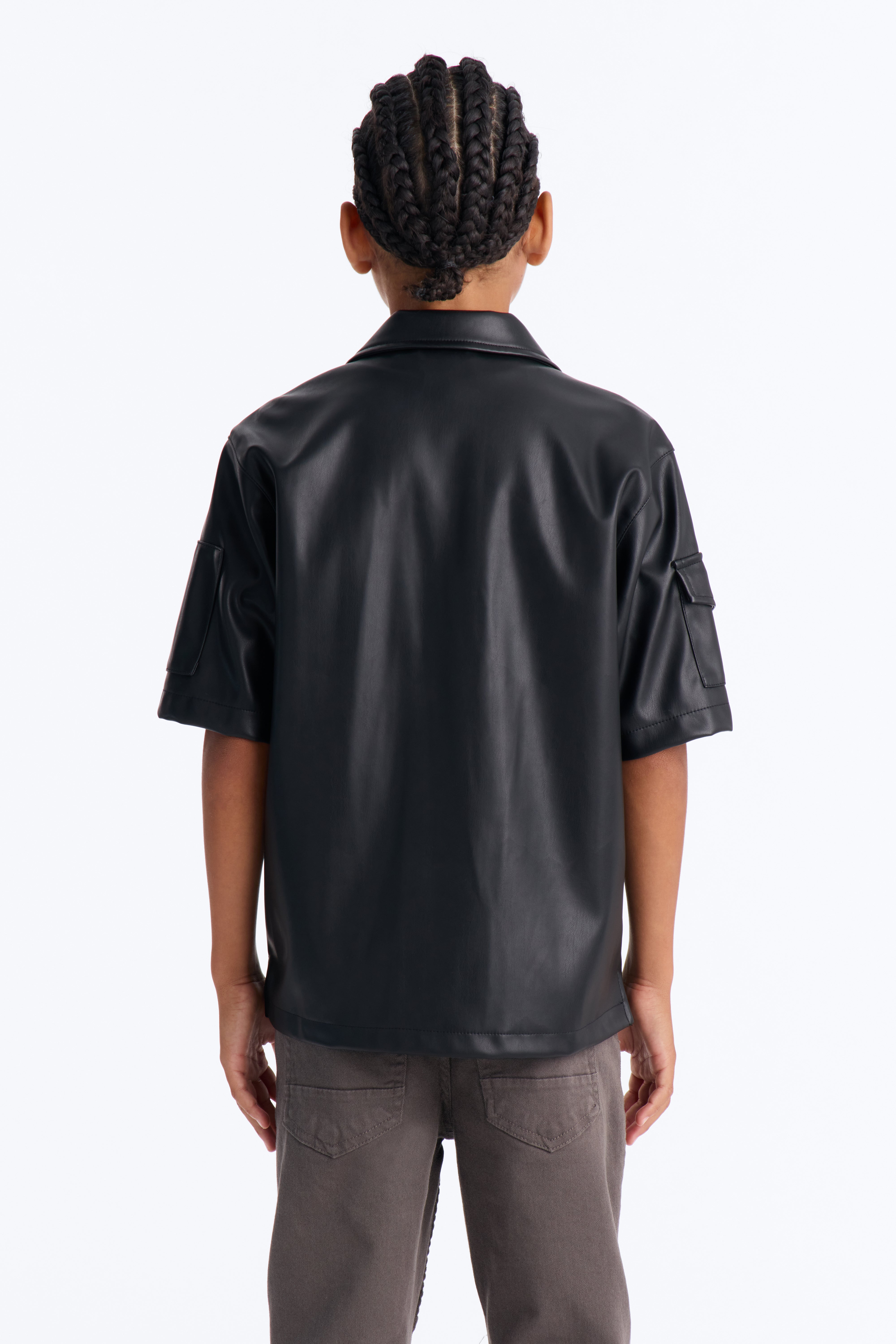 Mini Utility Faux Leather Short Sleeve Button Up Shirt - Black