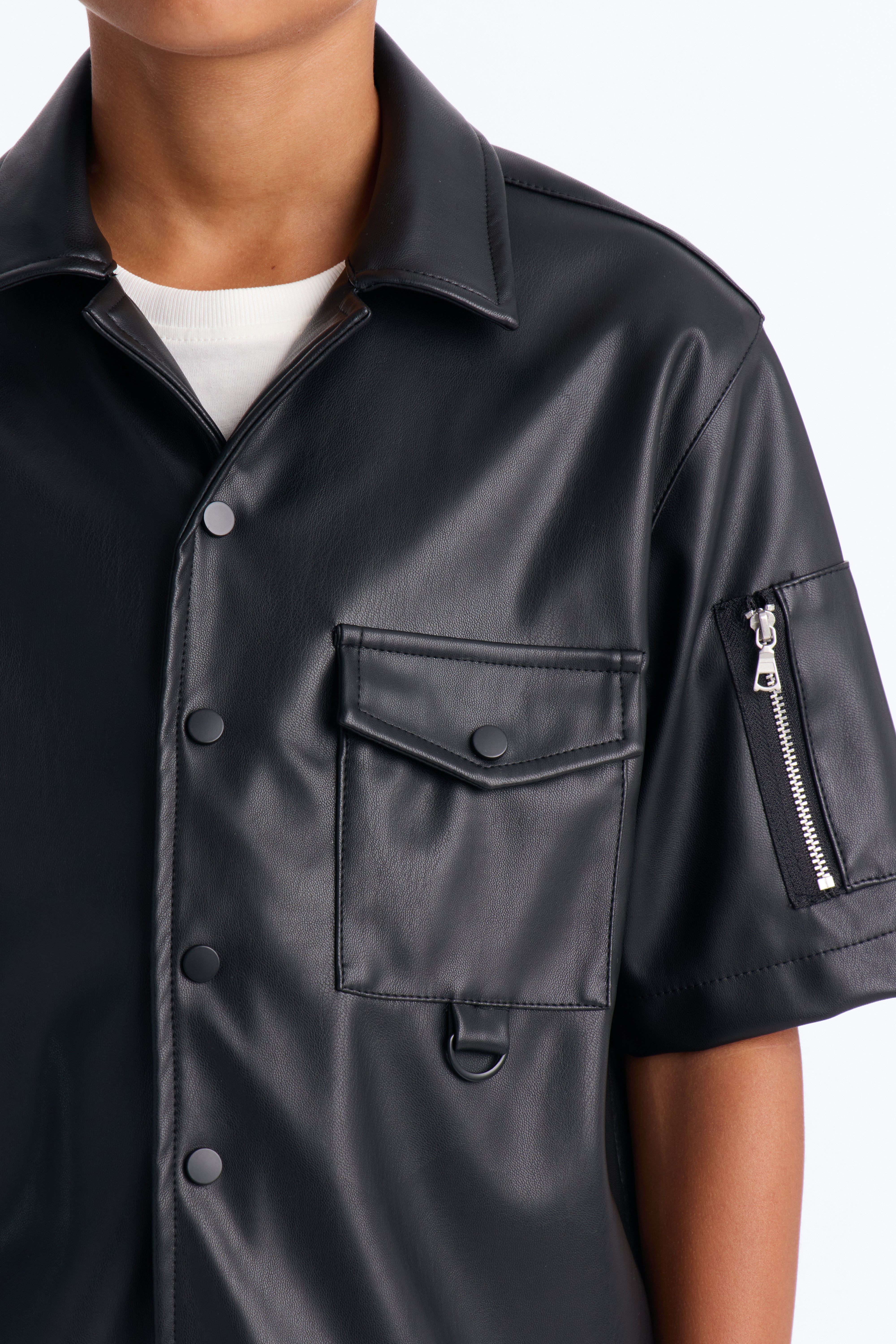 Mini Utility Faux Leather Short Sleeve Button Up Shirt - Black