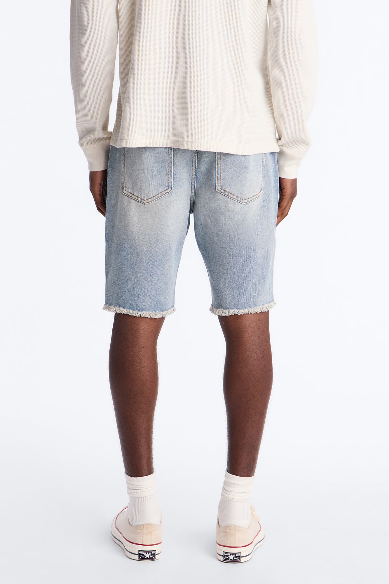 Back To It Distressed Raw Hem Slim Denim Shorts - Light Wash