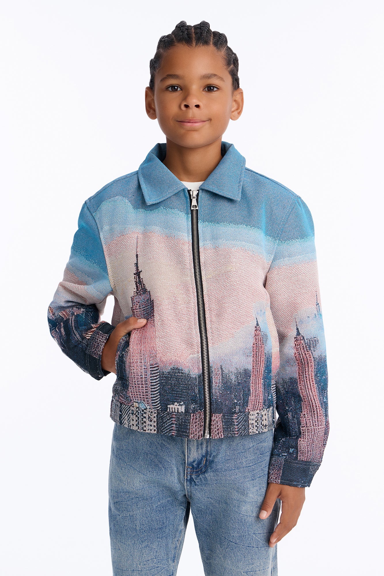 Mini Cropped Tapestry Skyline Work Jacket - Blue