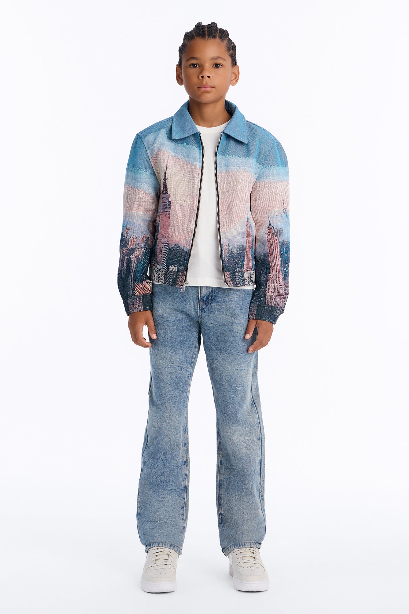Mini Cropped Tapestry Skyline Work Jacket - Blue