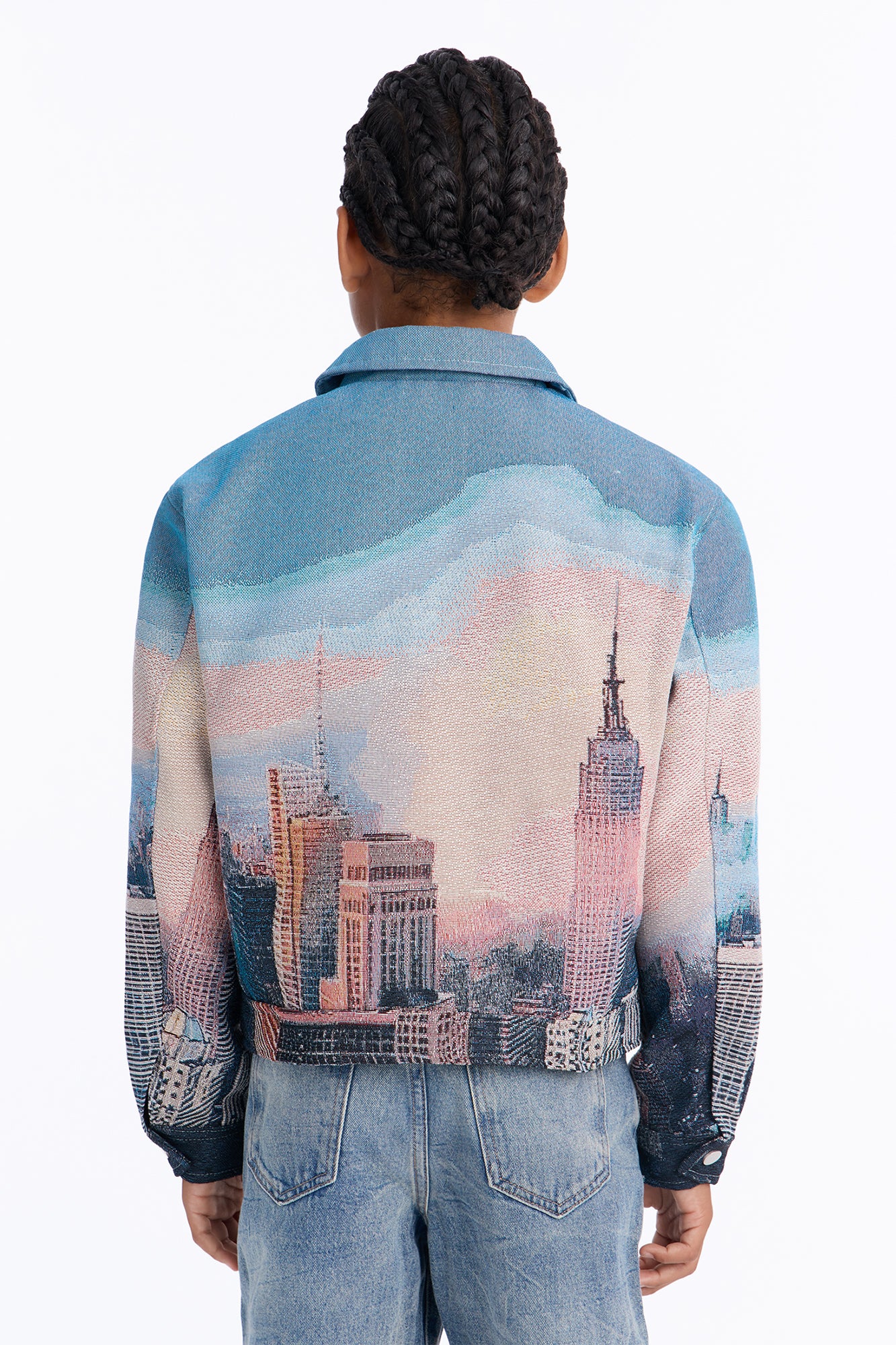 Mini Cropped Tapestry Skyline Work Jacket - Blue